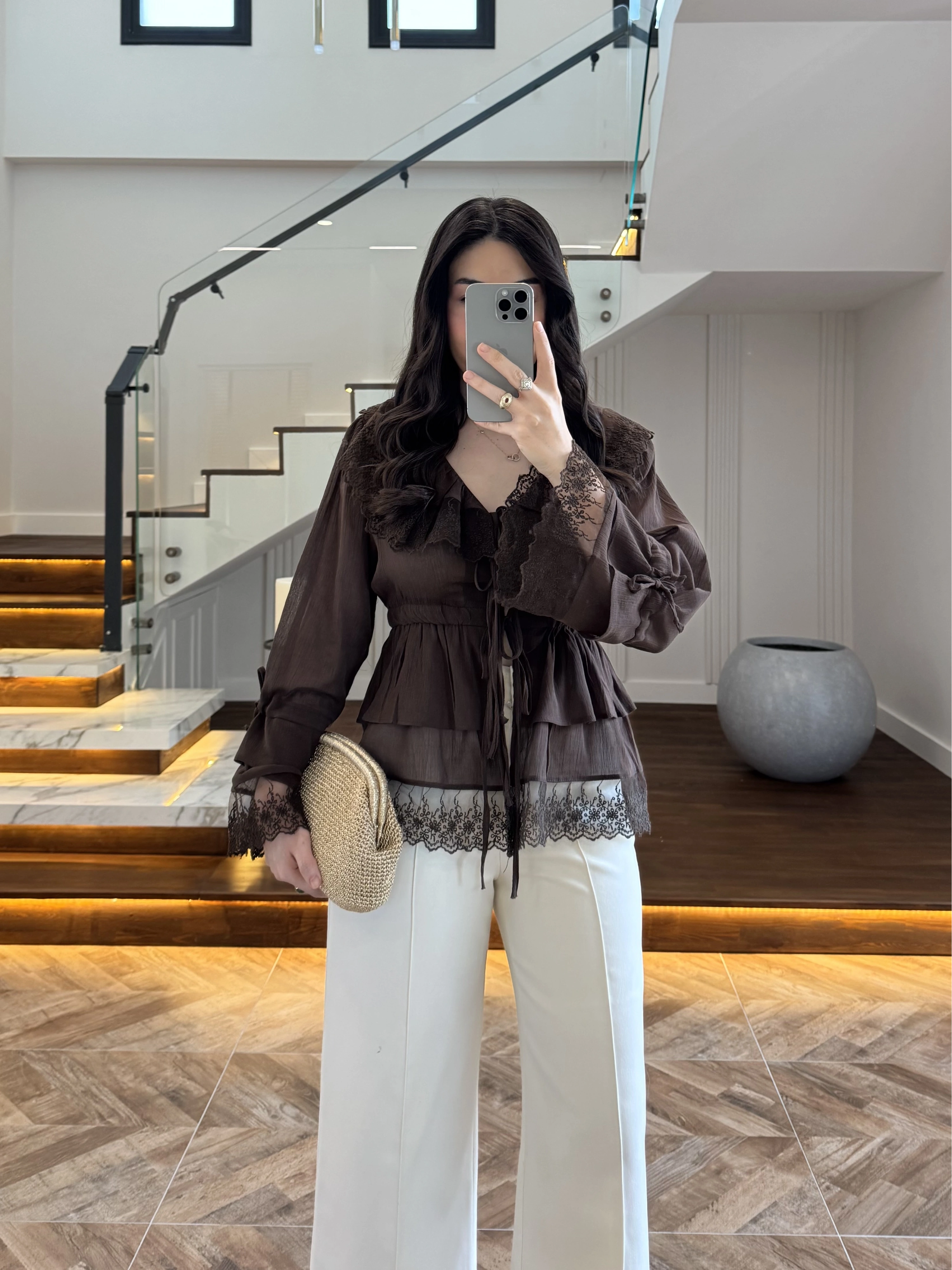 KAHVE DANTEL ŞERİT BLUZ - 5519