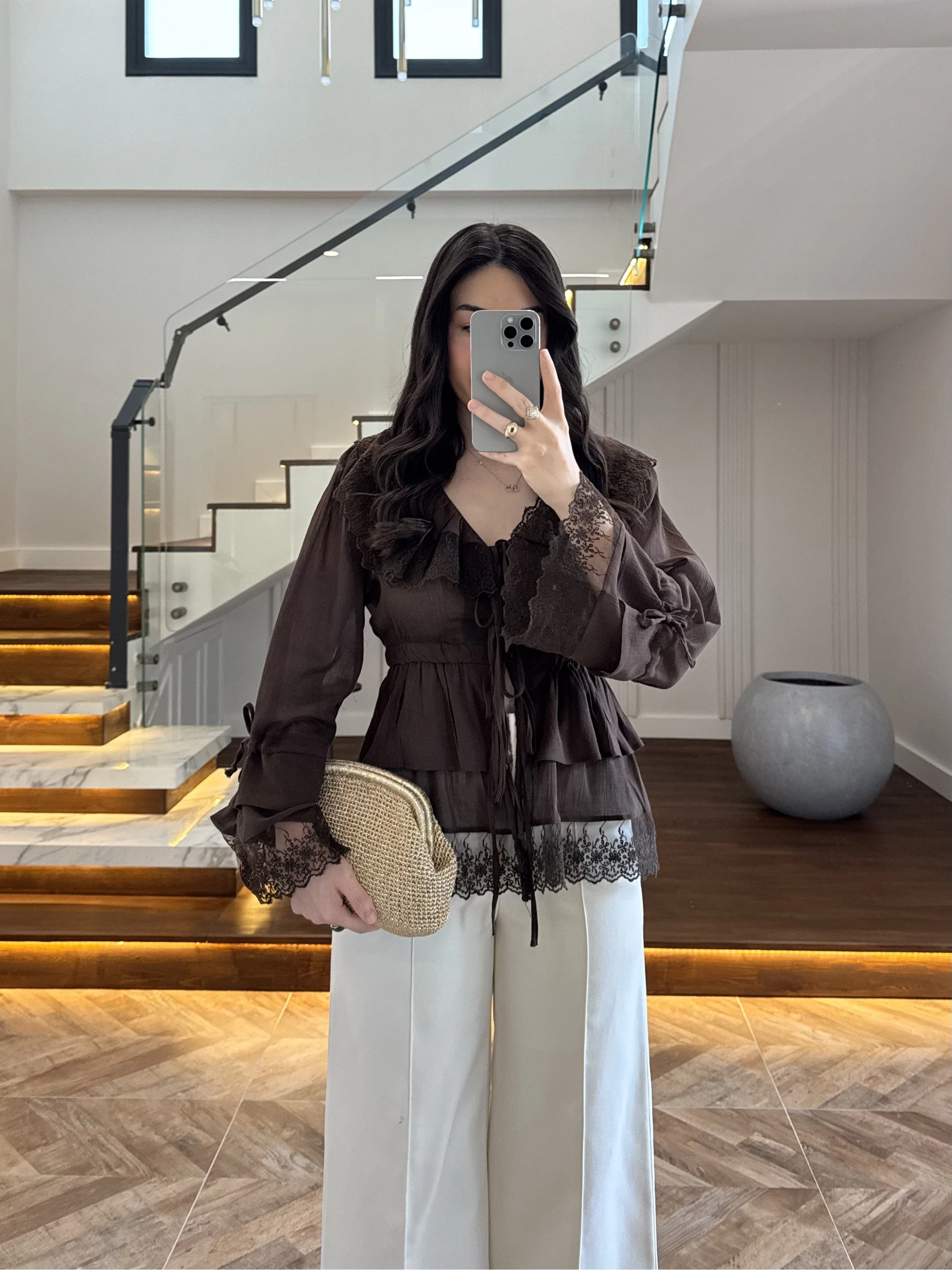 KAHVE DANTEL ŞERİT BLUZ - 5519