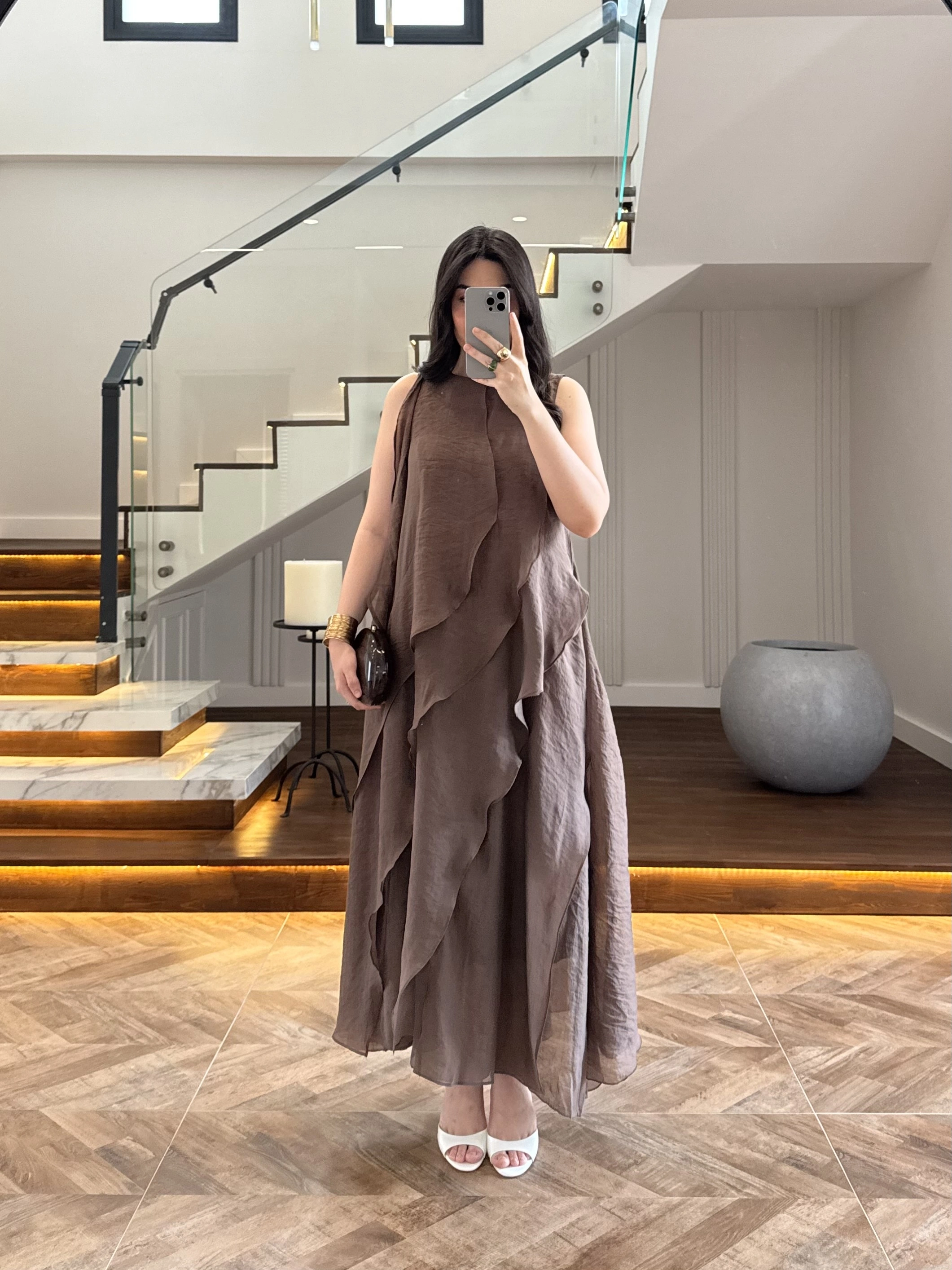 KAHVE FIRFIRLI UZUN ELBİSE-3450