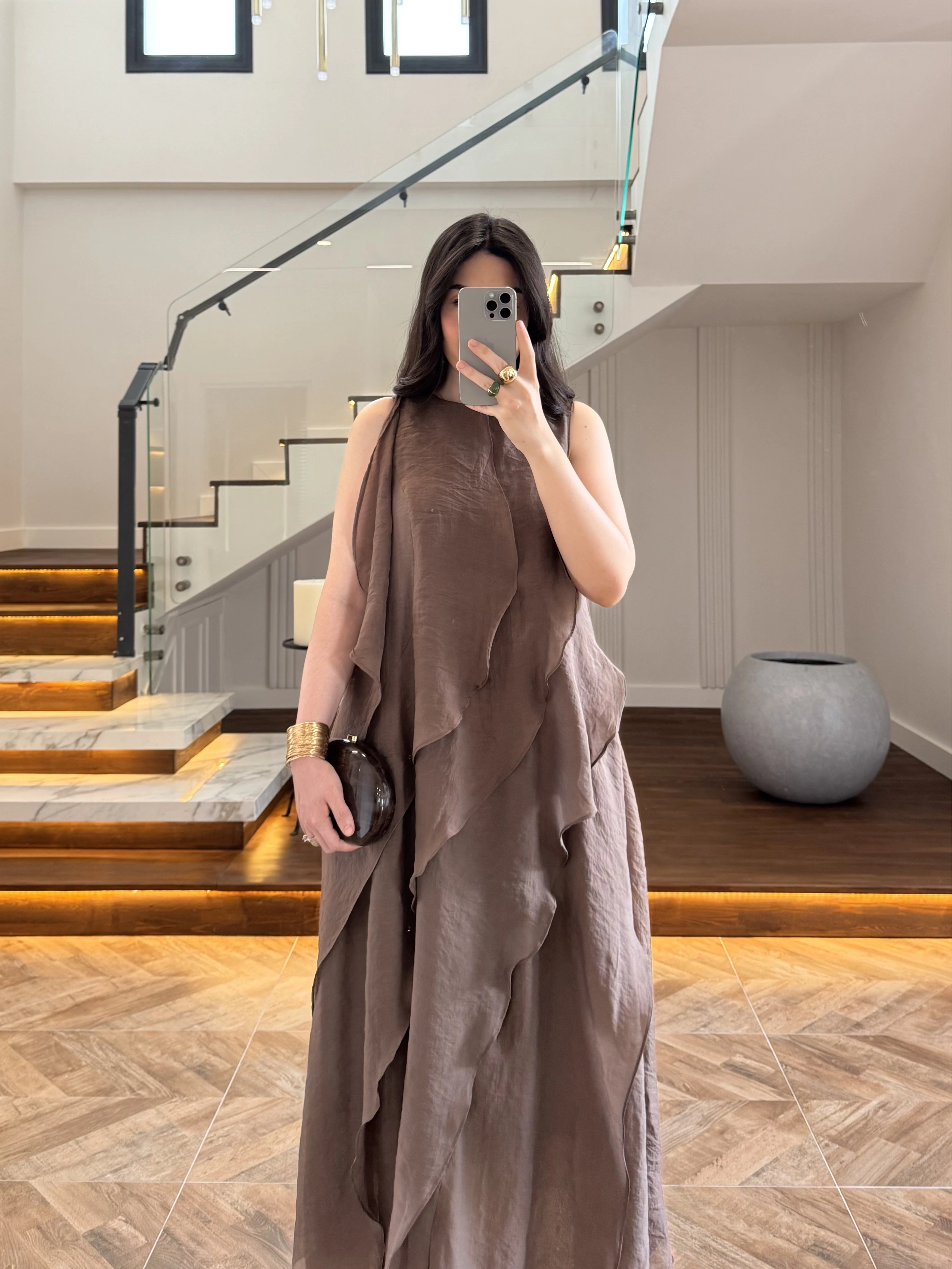KAHVE FIRFIRLI UZUN ELBİSE-3450