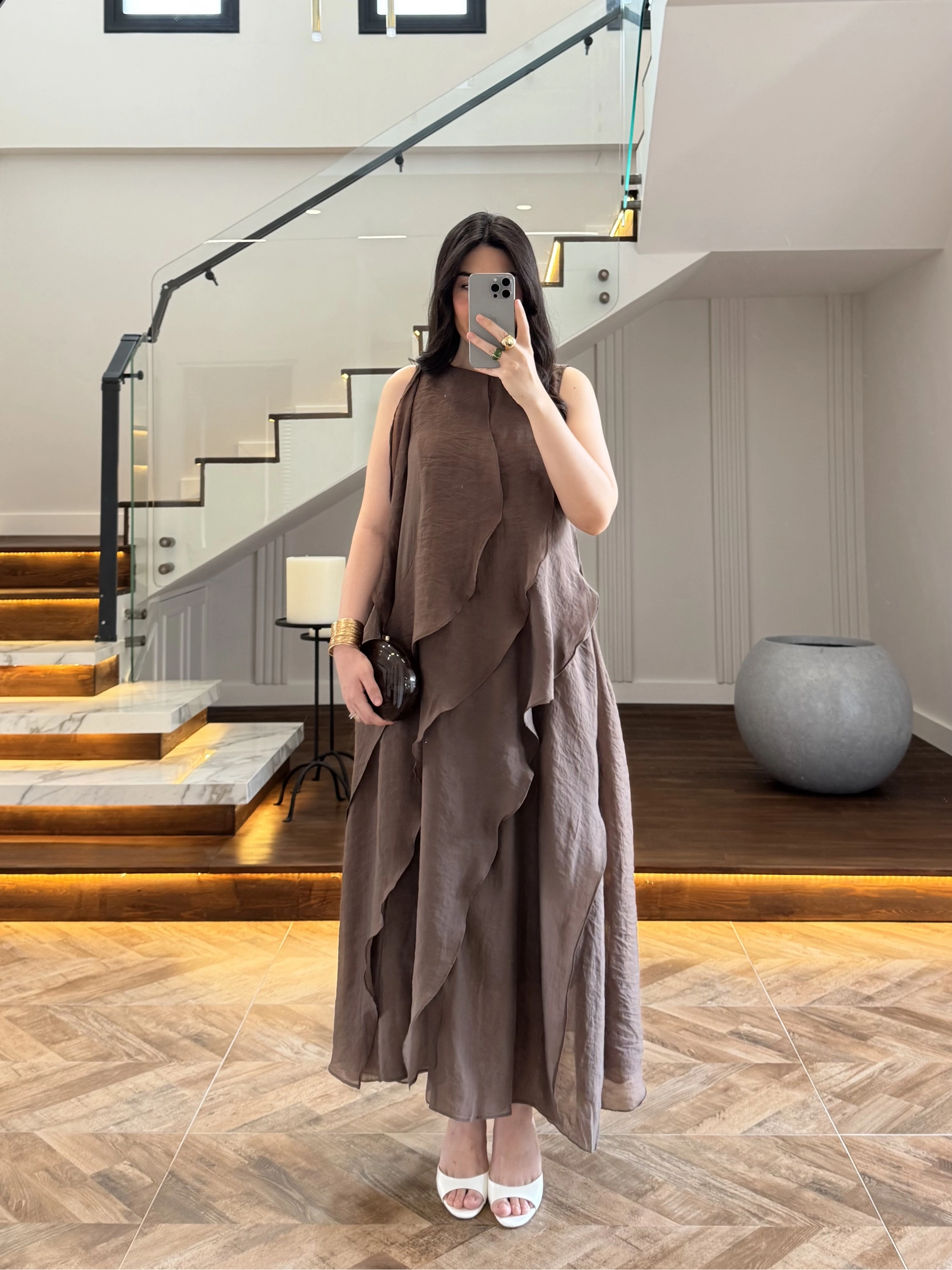 KAHVE FIRFIRLI UZUN ELBİSE-3450