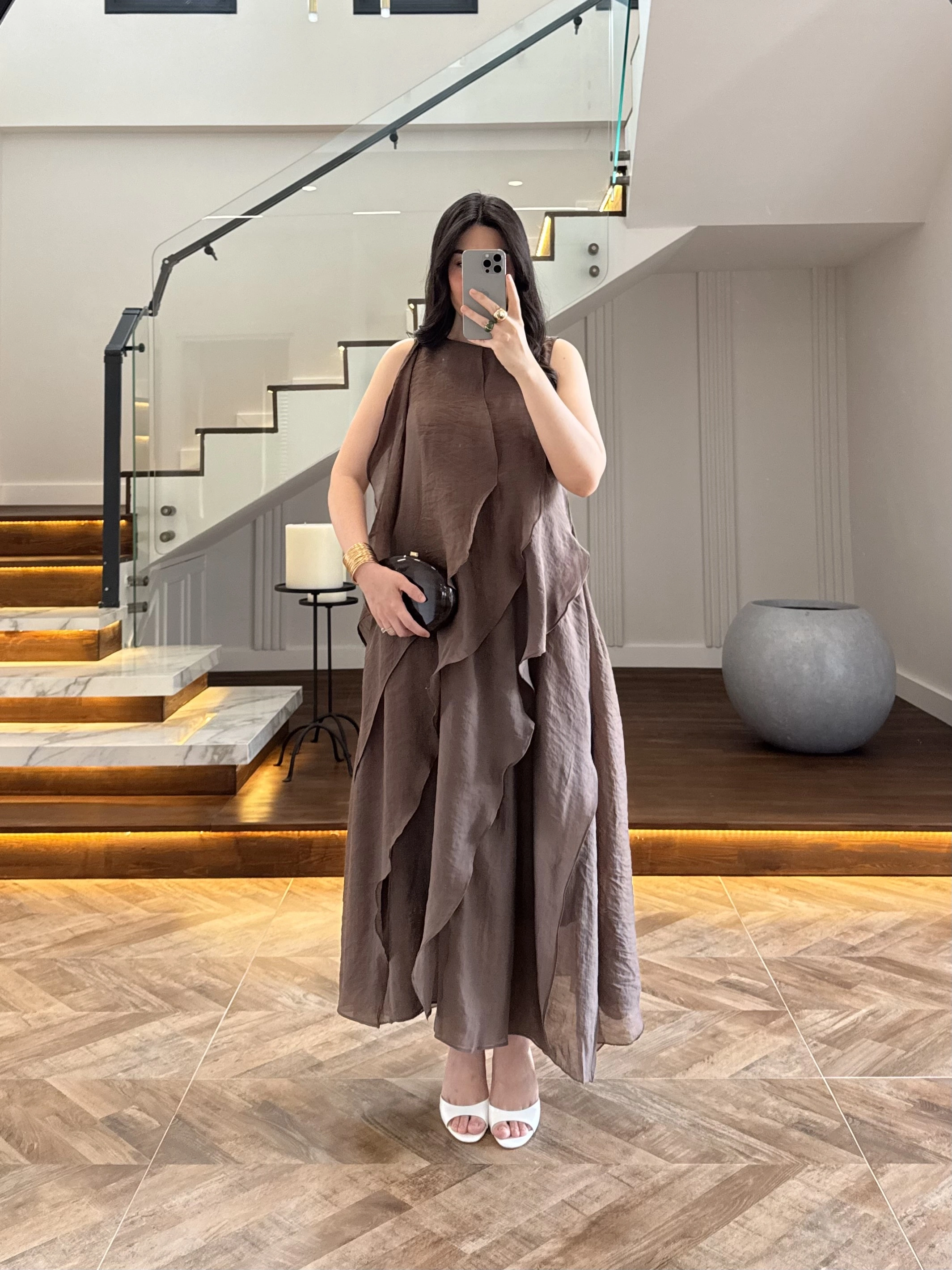 KAHVE FIRFIRLI UZUN ELBİSE-3450