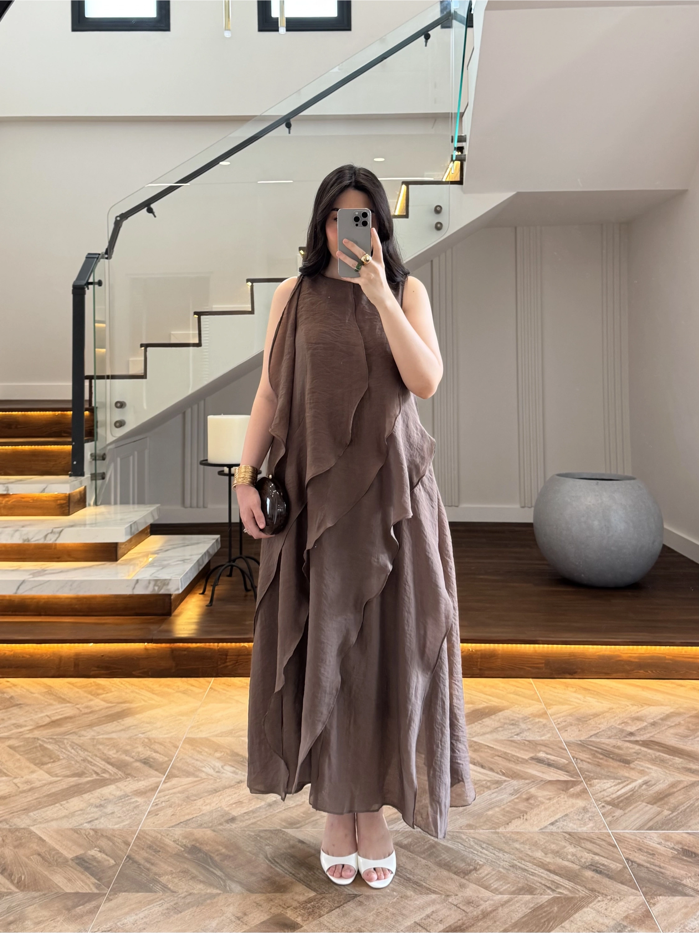 KAHVE FIRFIRLI UZUN ELBİSE-3450