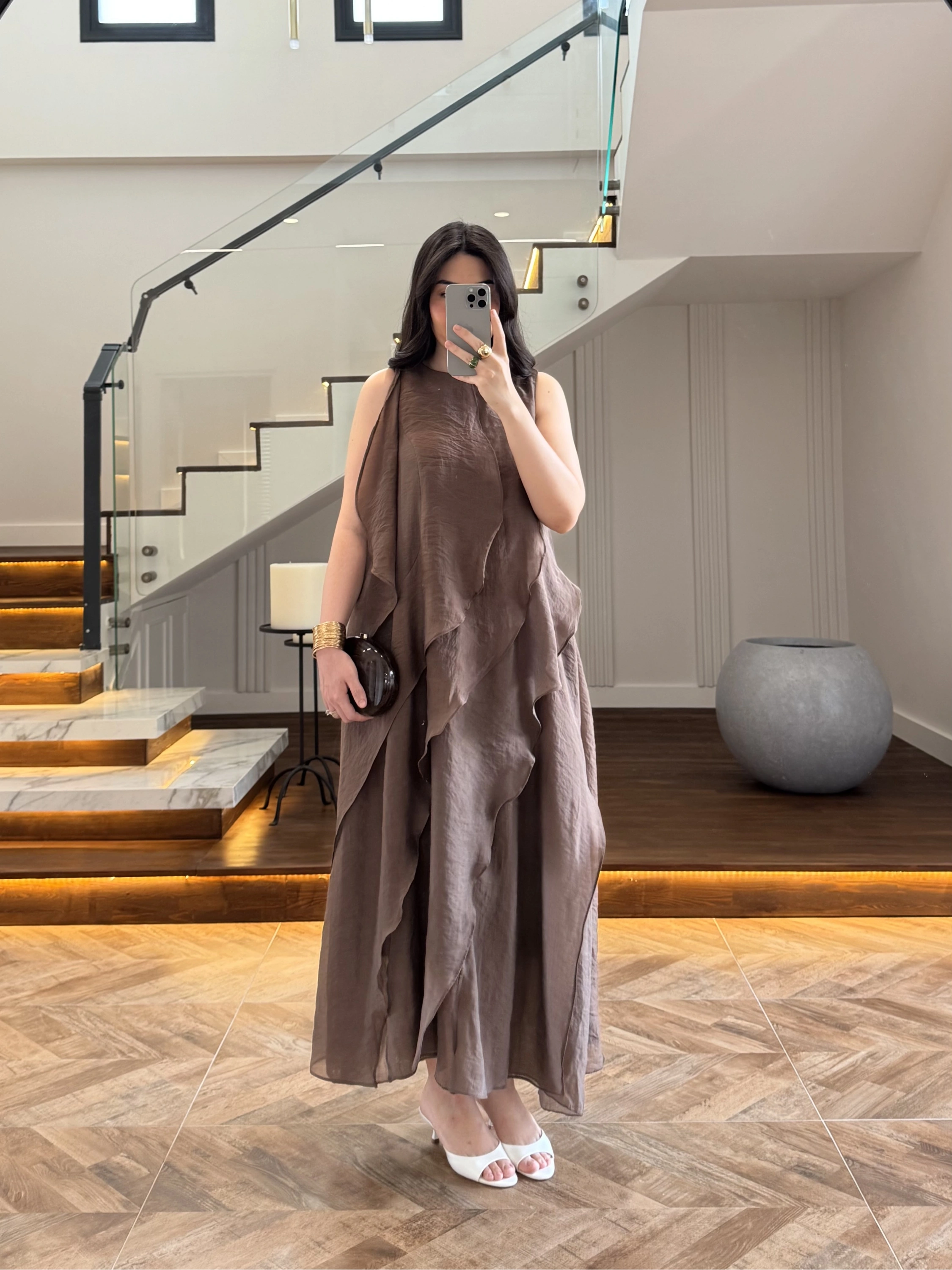 KAHVE FIRFIRLI UZUN ELBİSE-3450