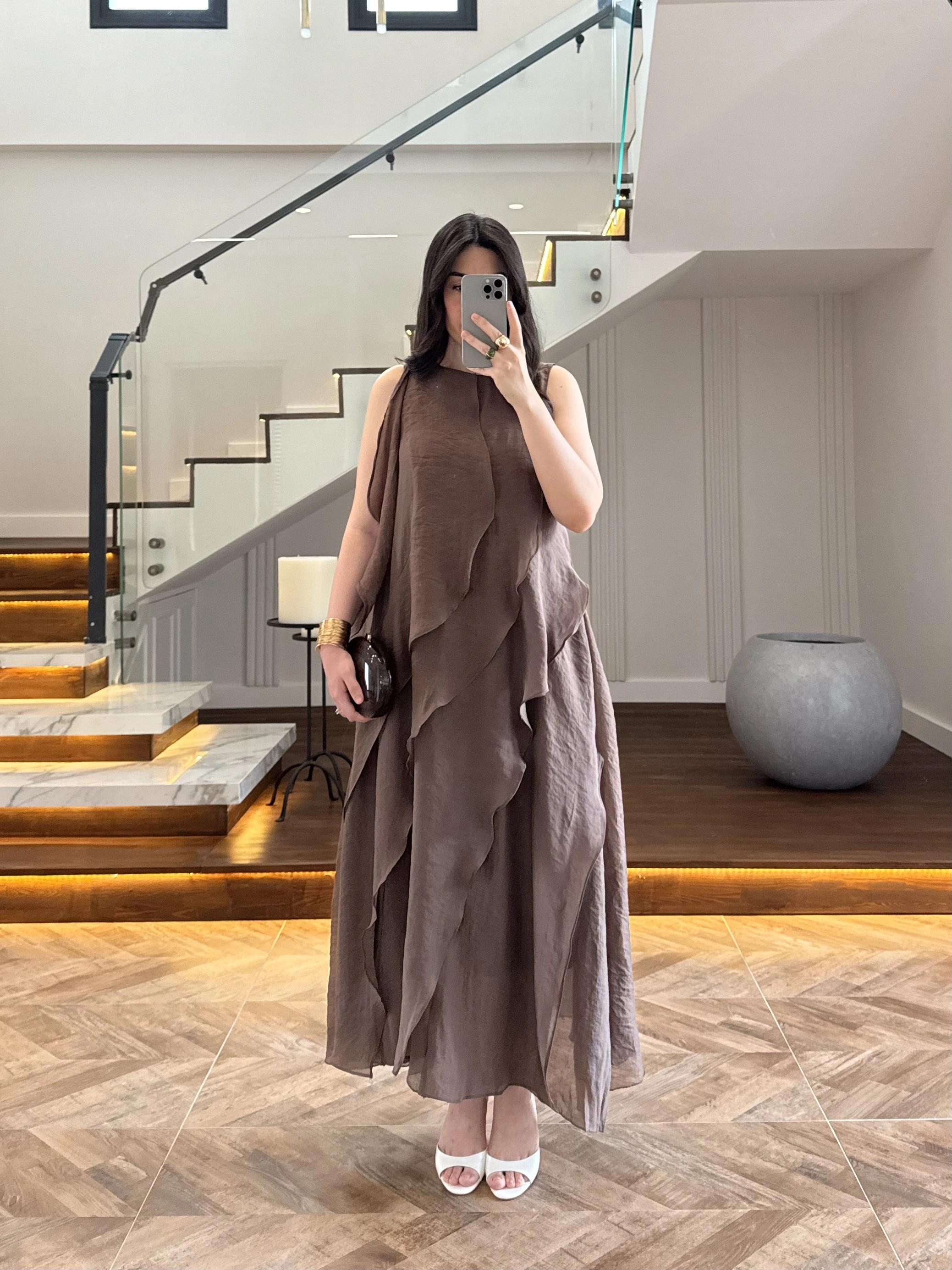 KAHVE FIRFIRLI UZUN ELBİSE-3450