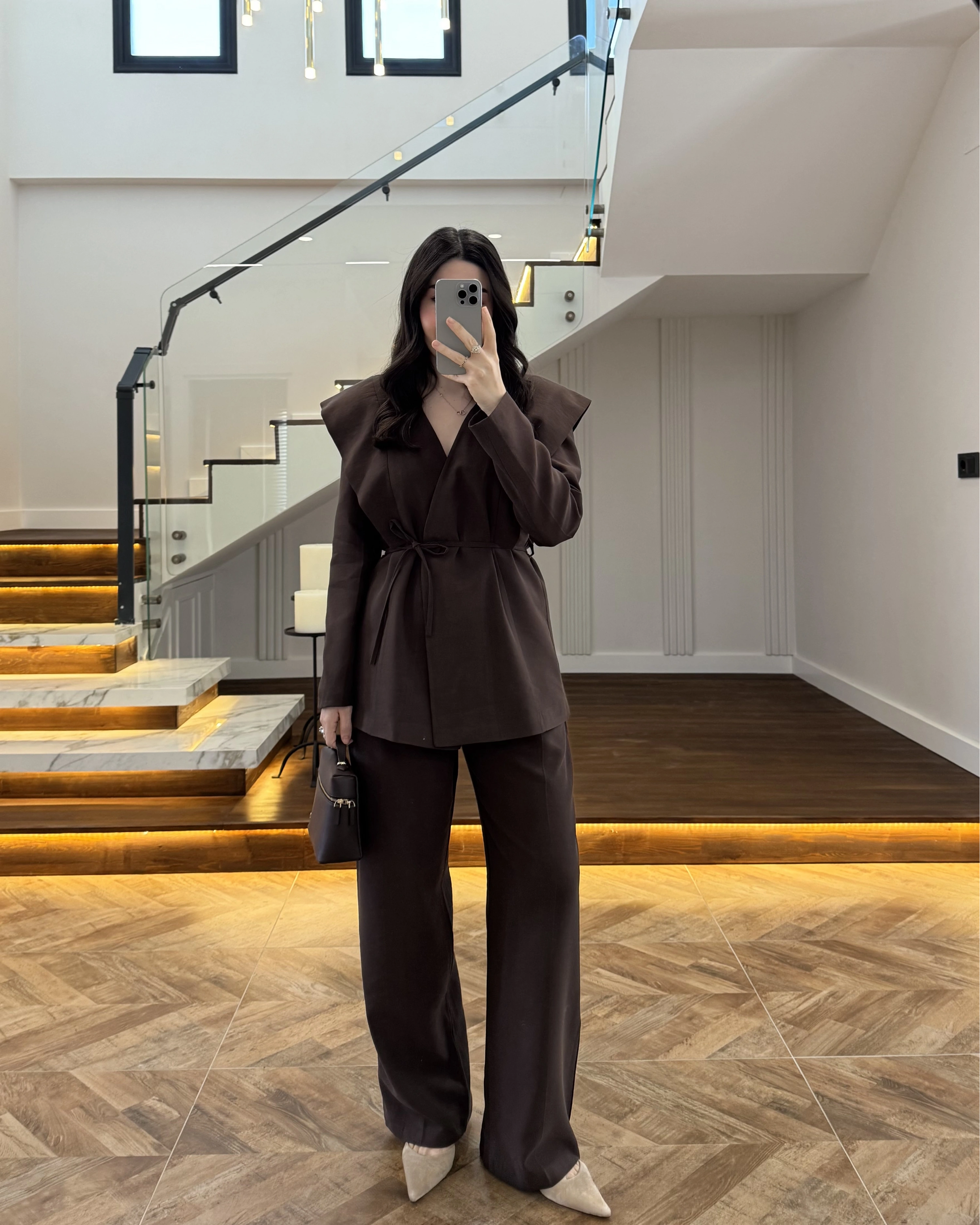 KAHVE FLAP OMUZ DETAYLI CEKET TAKIM- 9035