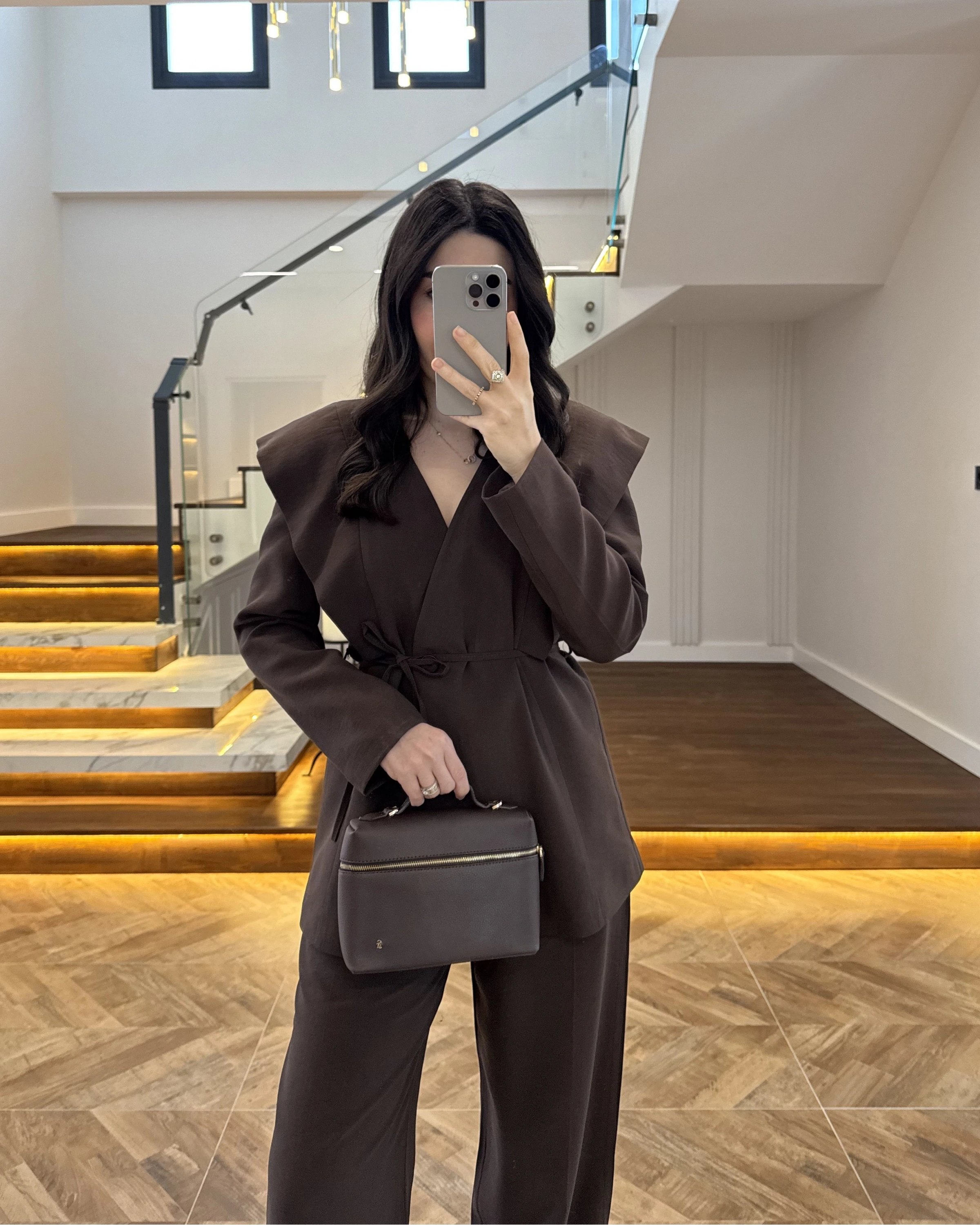 KAHVE FLAP OMUZ DETAYLI CEKET TAKIM- 9035