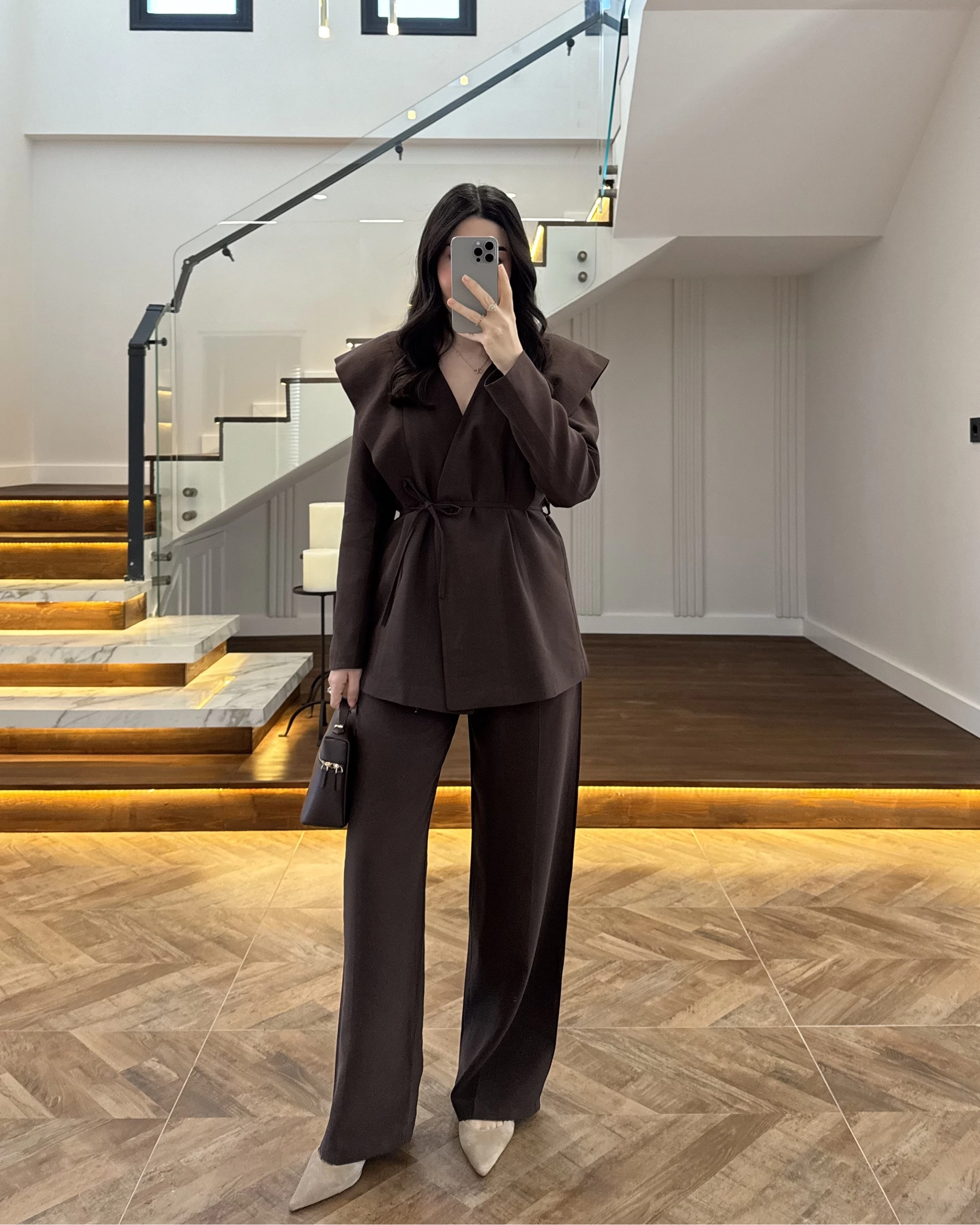 KAHVE FLAP OMUZ DETAYLI CEKET TAKIM- 9035