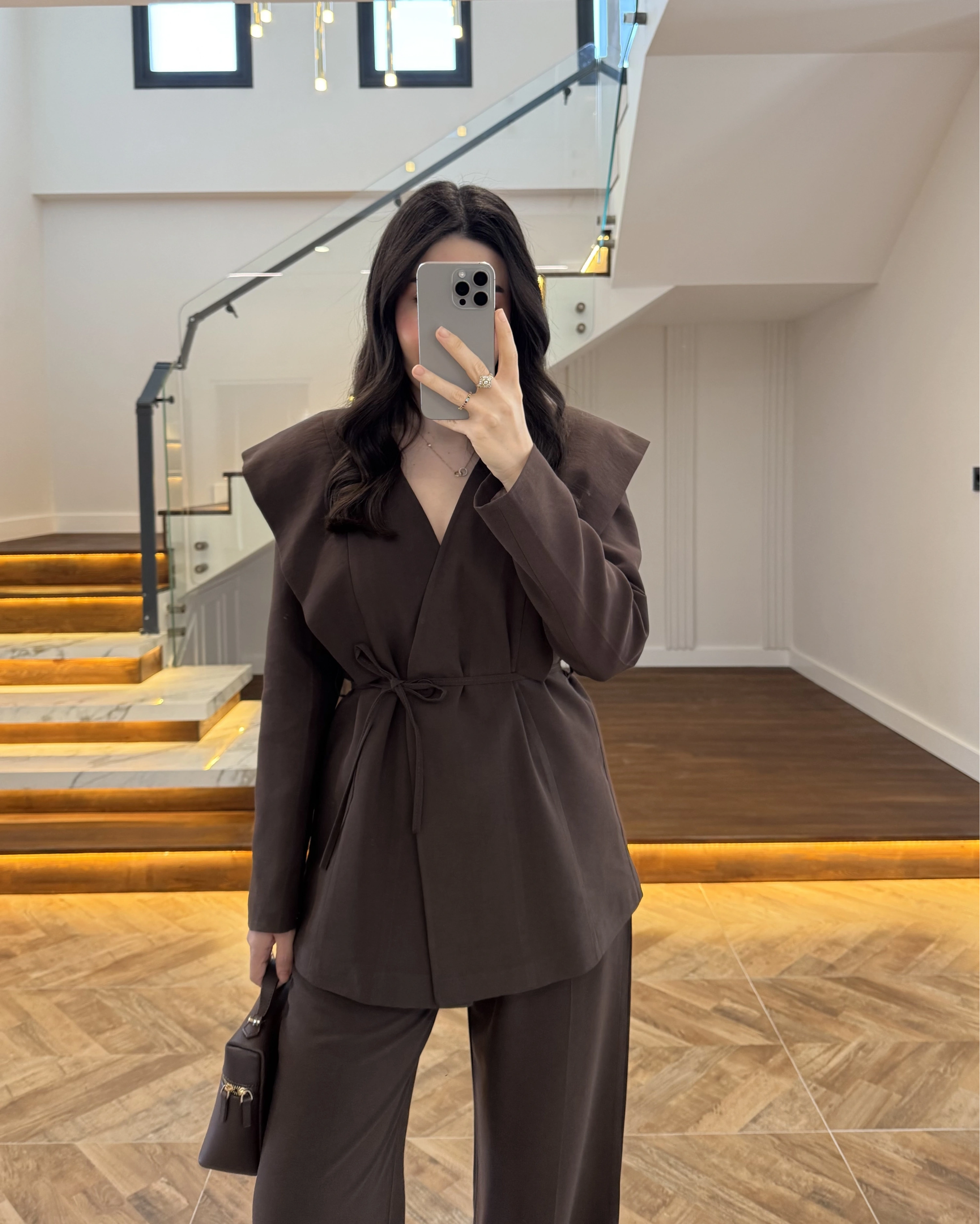 KAHVE FLAP OMUZ DETAYLI CEKET TAKIM- 9035