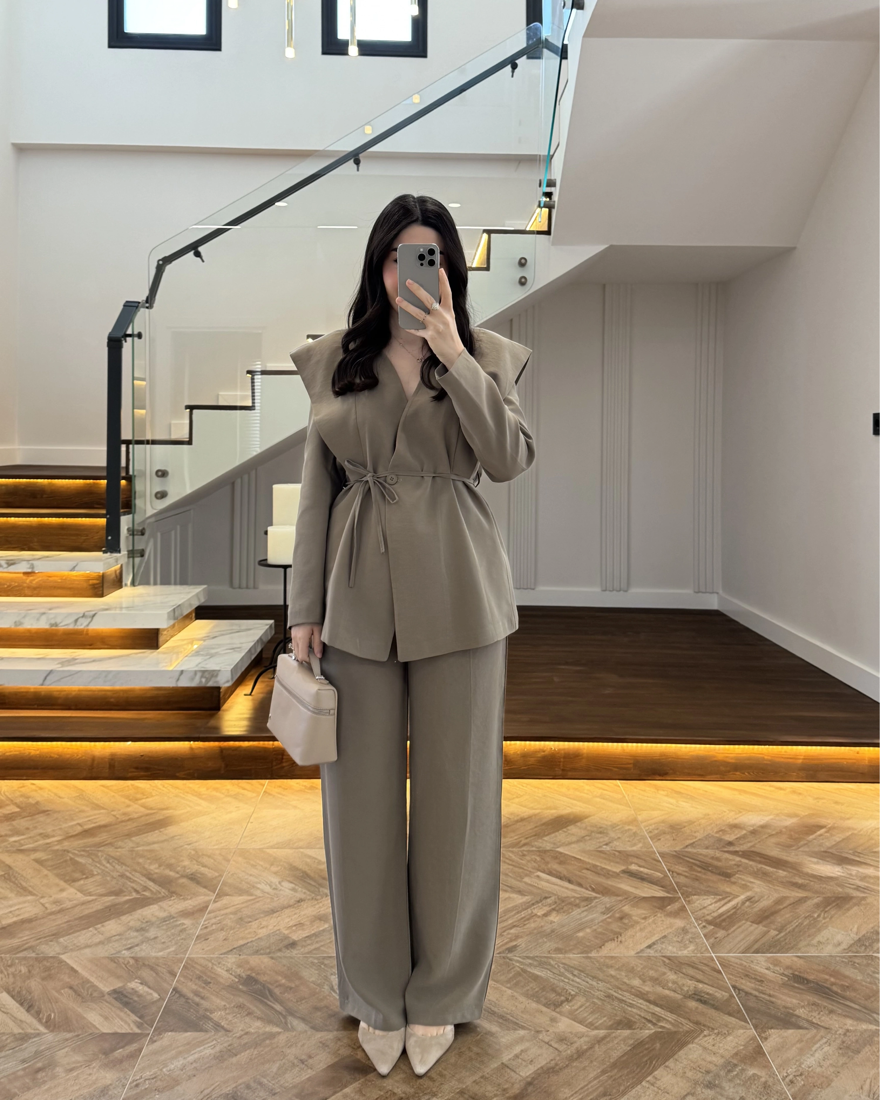 HAKİ FLAP OMUZ DETAYLI CEKET TAKIM- 9035