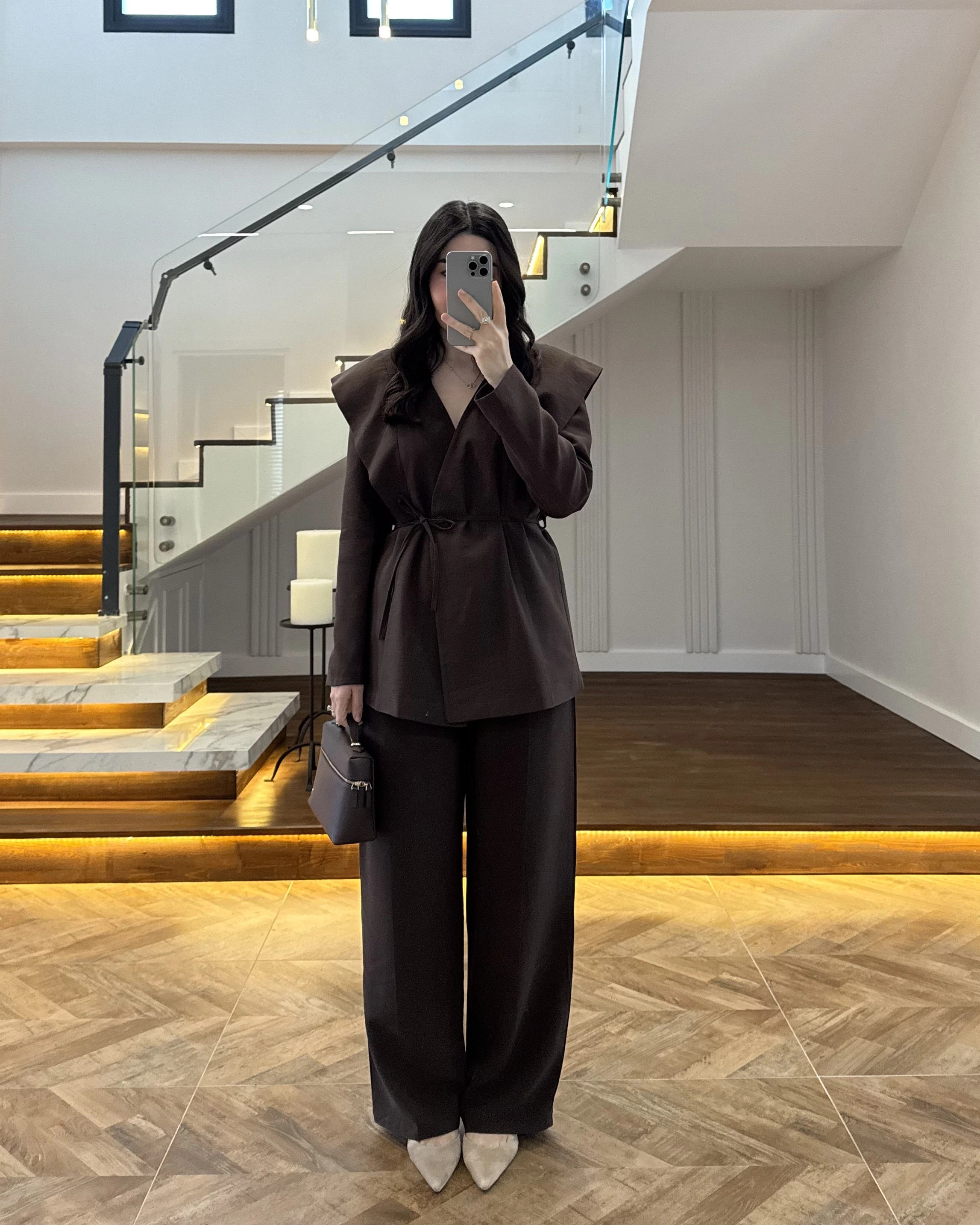 KAHVE FLAP OMUZ DETAYLI CEKET TAKIM- 9035