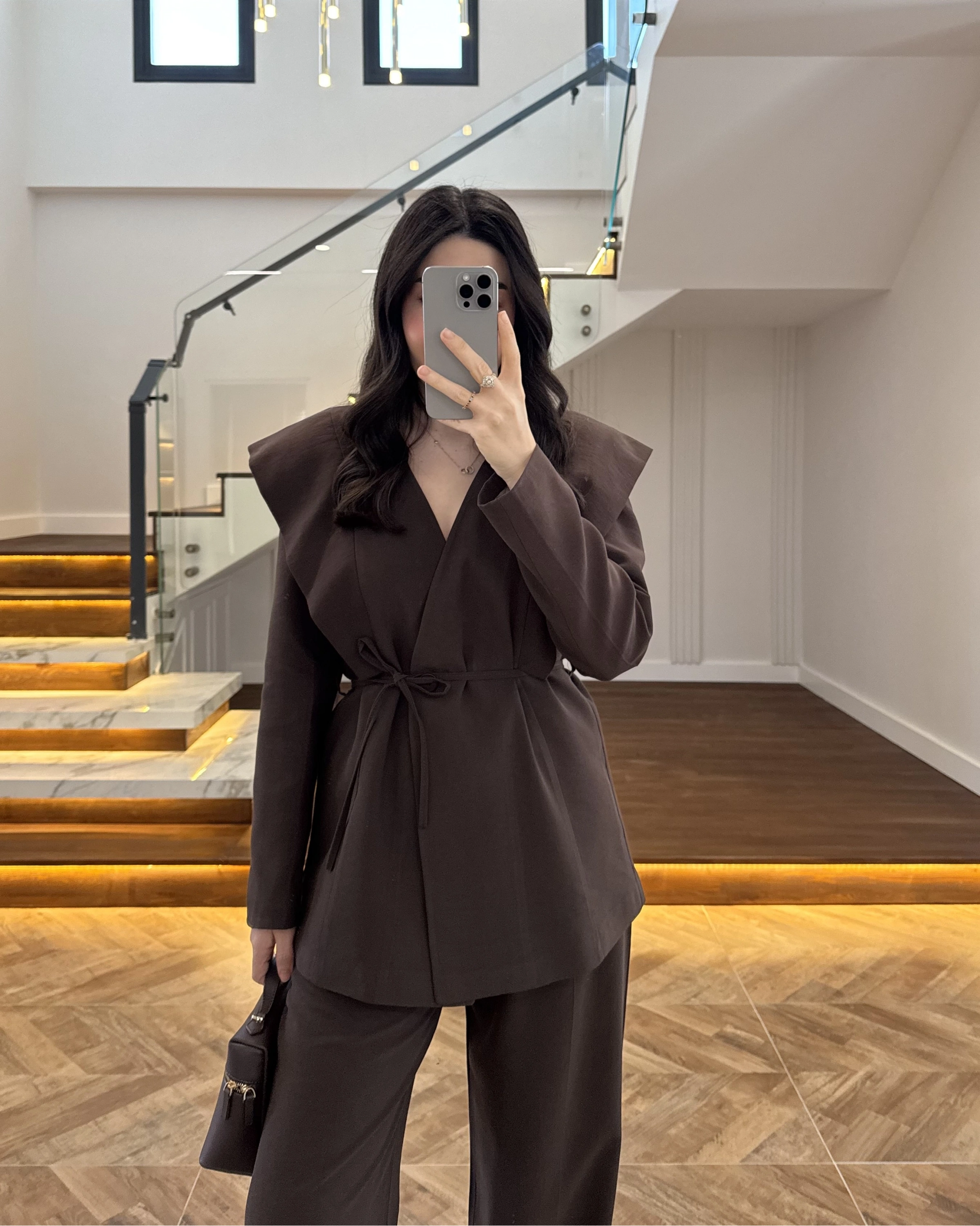 KAHVE FLAP OMUZ DETAYLI CEKET TAKIM- 9035