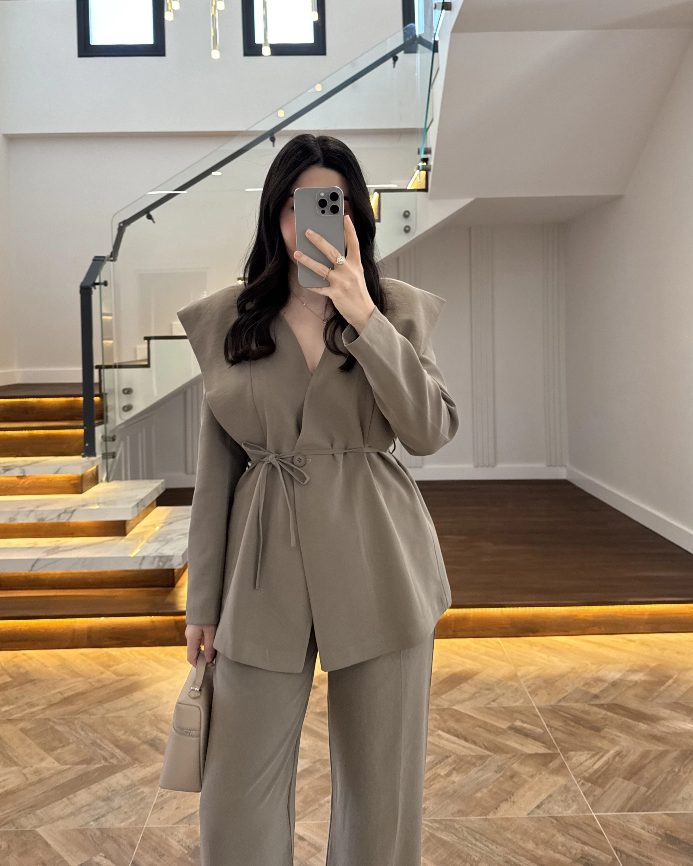 HAKİ FLAP OMUZ DETAYLI CEKET TAKIM- 9035