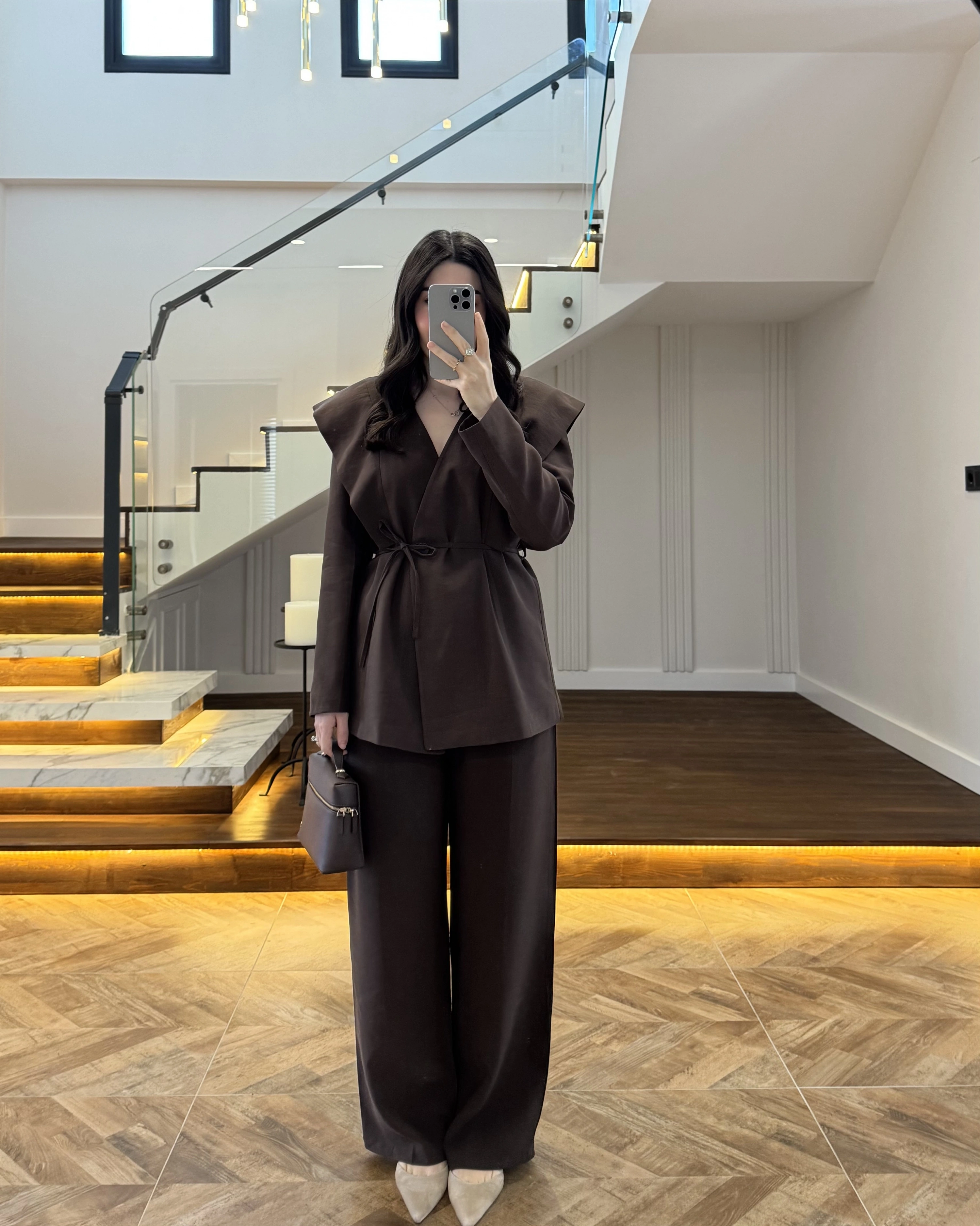 KAHVE FLAP OMUZ DETAYLI CEKET TAKIM- 9035