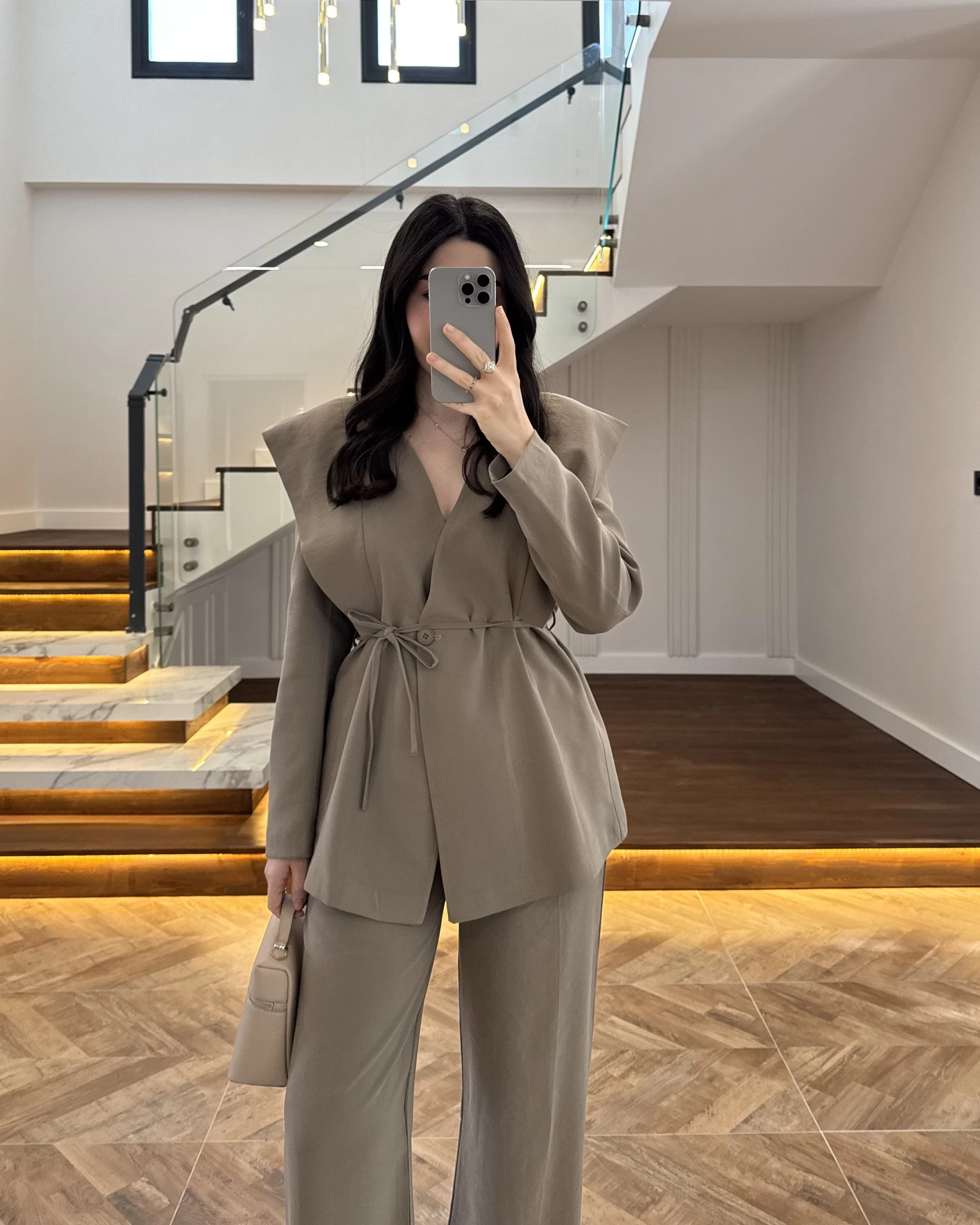 HAKİ FLAP OMUZ DETAYLI CEKET TAKIM- 9035