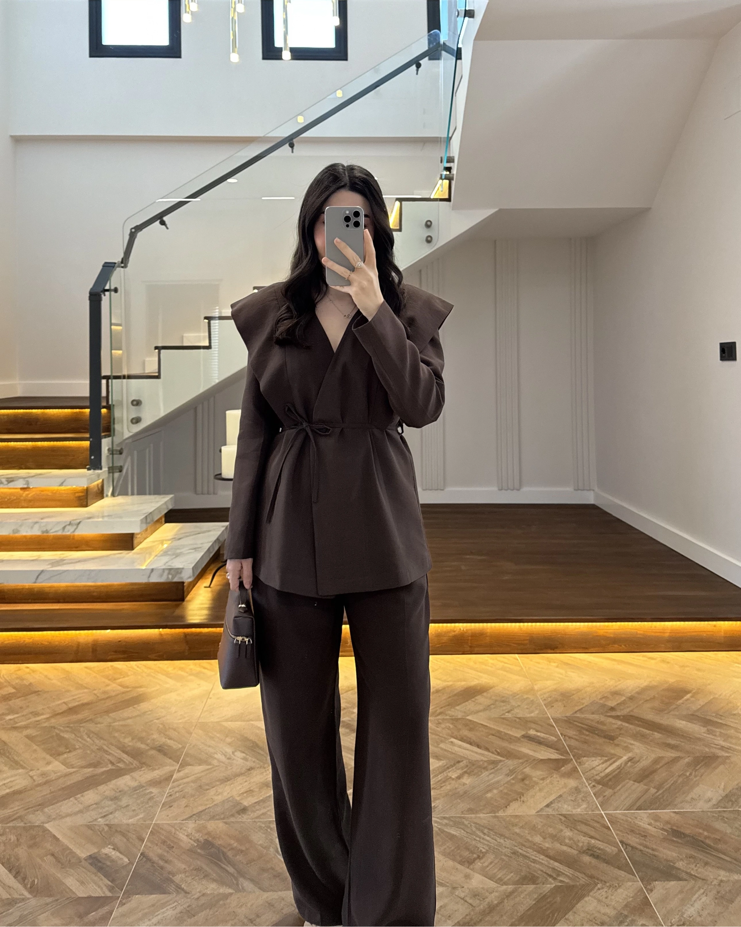 KAHVE FLAP OMUZ DETAYLI CEKET TAKIM- 9035