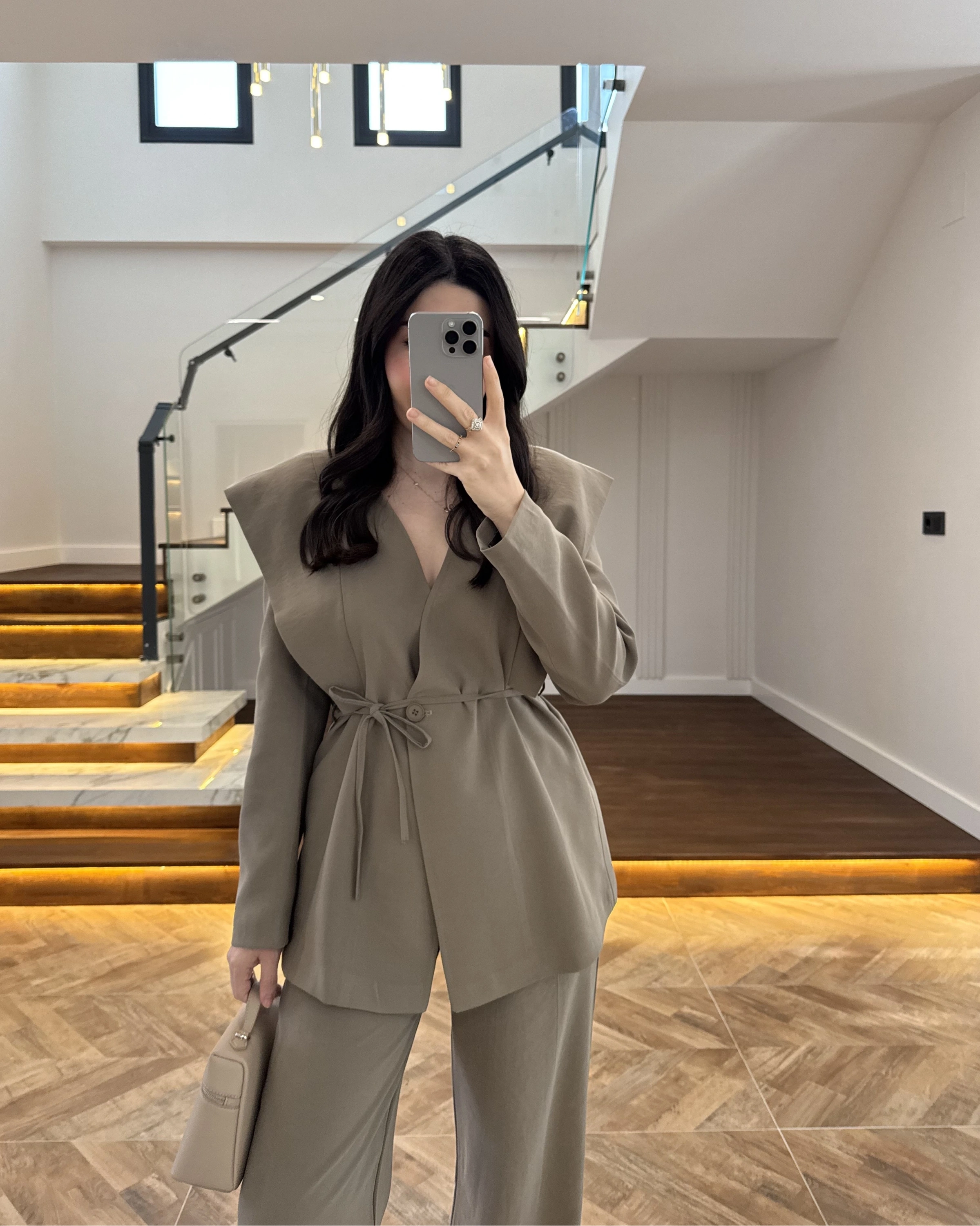 HAKİ FLAP OMUZ DETAYLI CEKET TAKIM- 9035