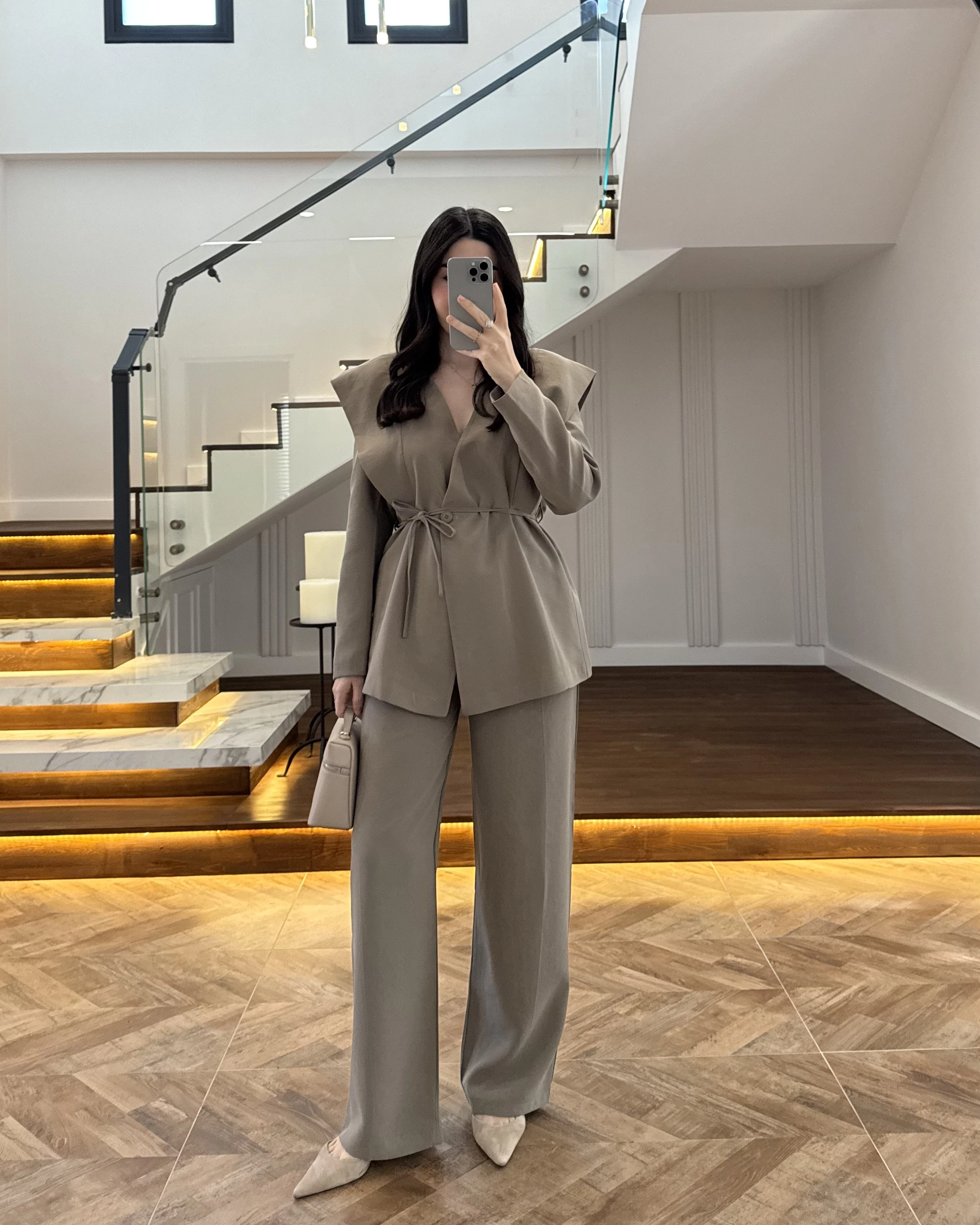 HAKİ FLAP OMUZ DETAYLI CEKET TAKIM- 9035