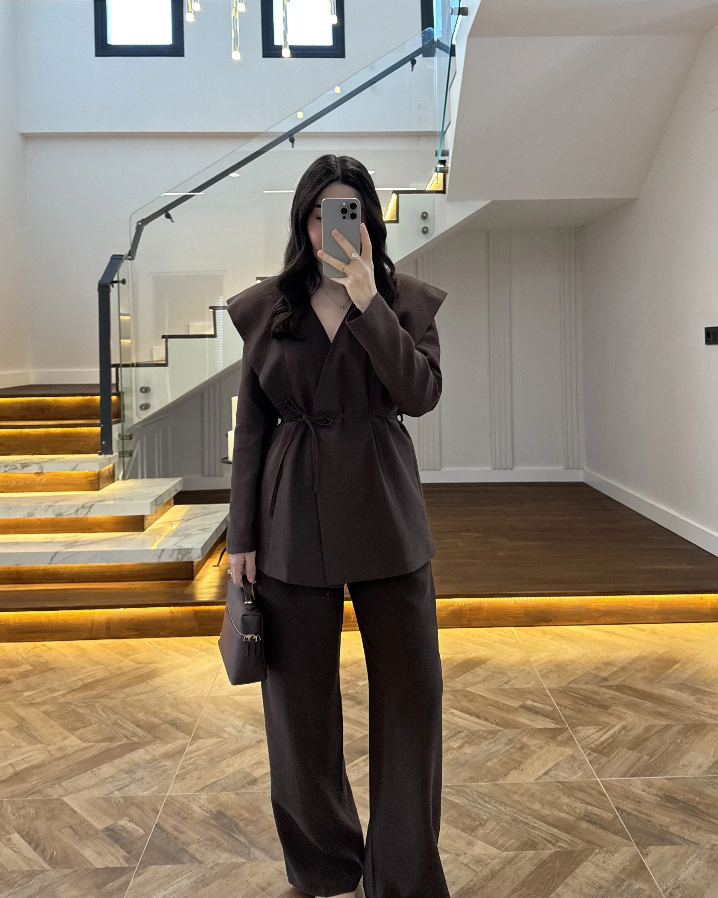 KAHVE FLAP OMUZ DETAYLI CEKET TAKIM- 9035