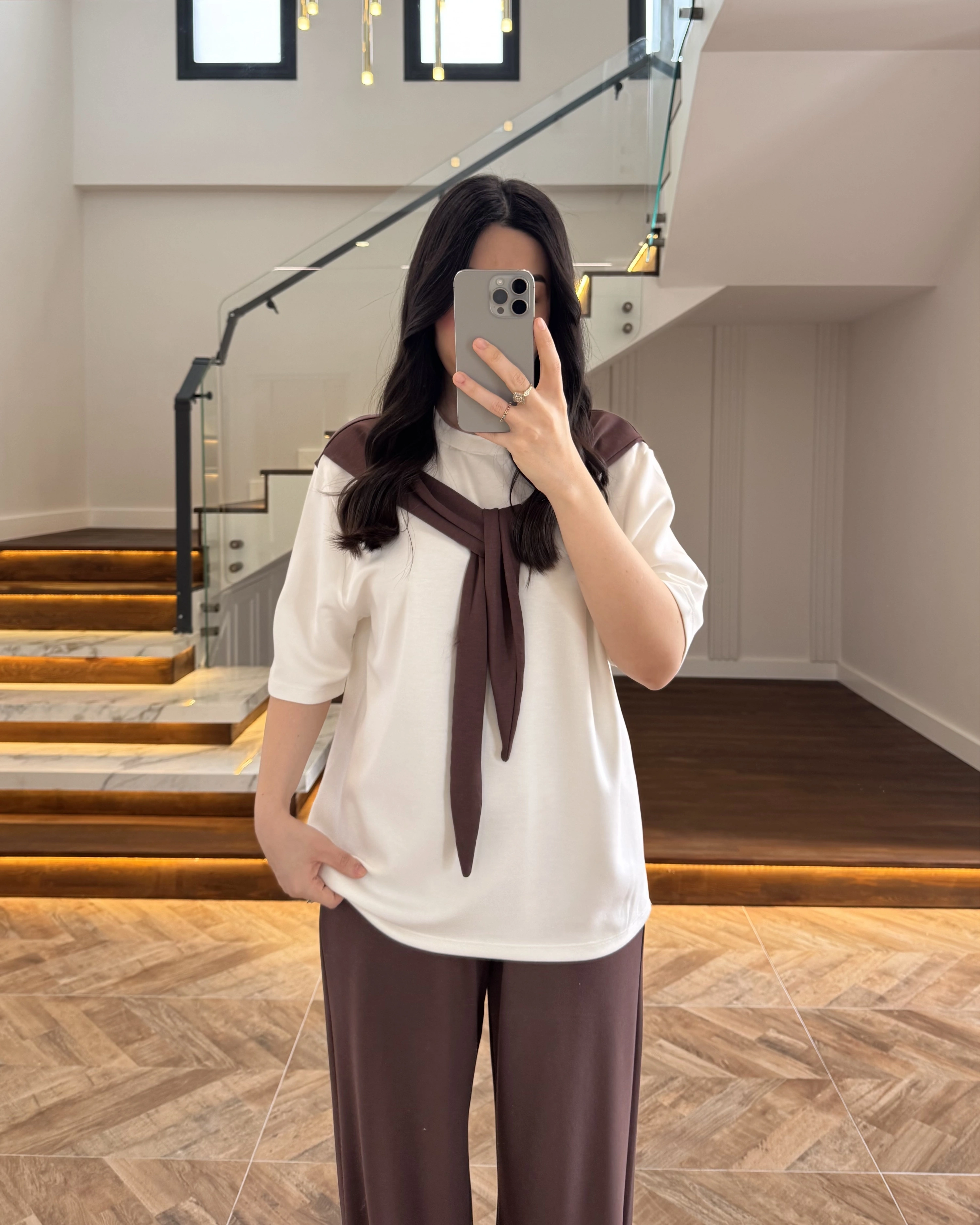 KAHVE FULAR DETAYLI PANTOLON TAKIM-4116