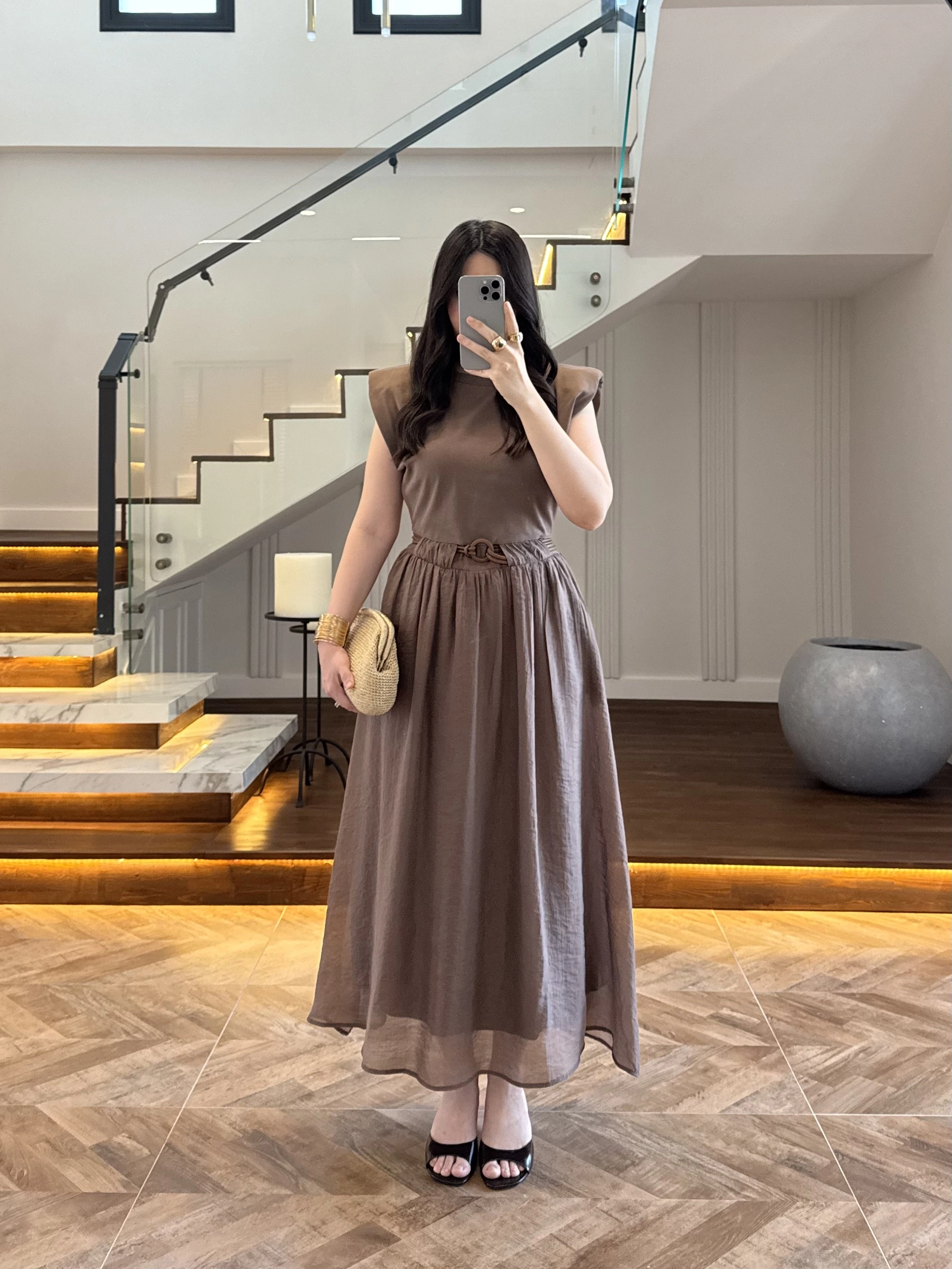 KAHVE GARNİLİ VATKALI ELBİSE -0103