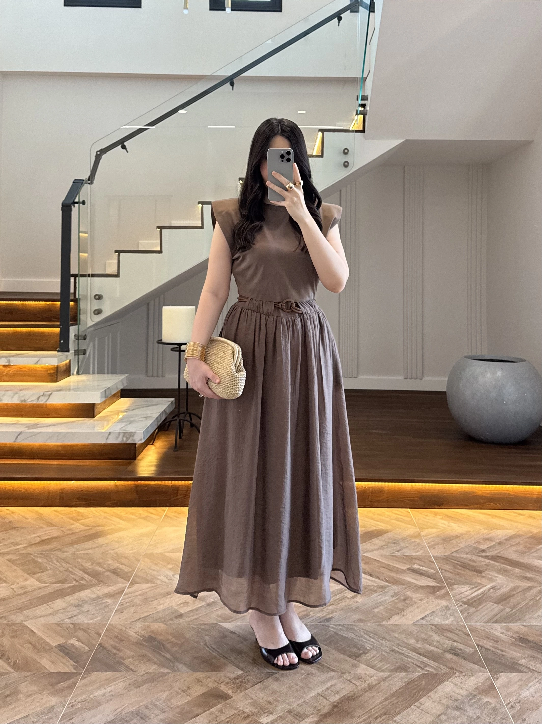 KAHVE GARNİLİ VATKALI ELBİSE -0103