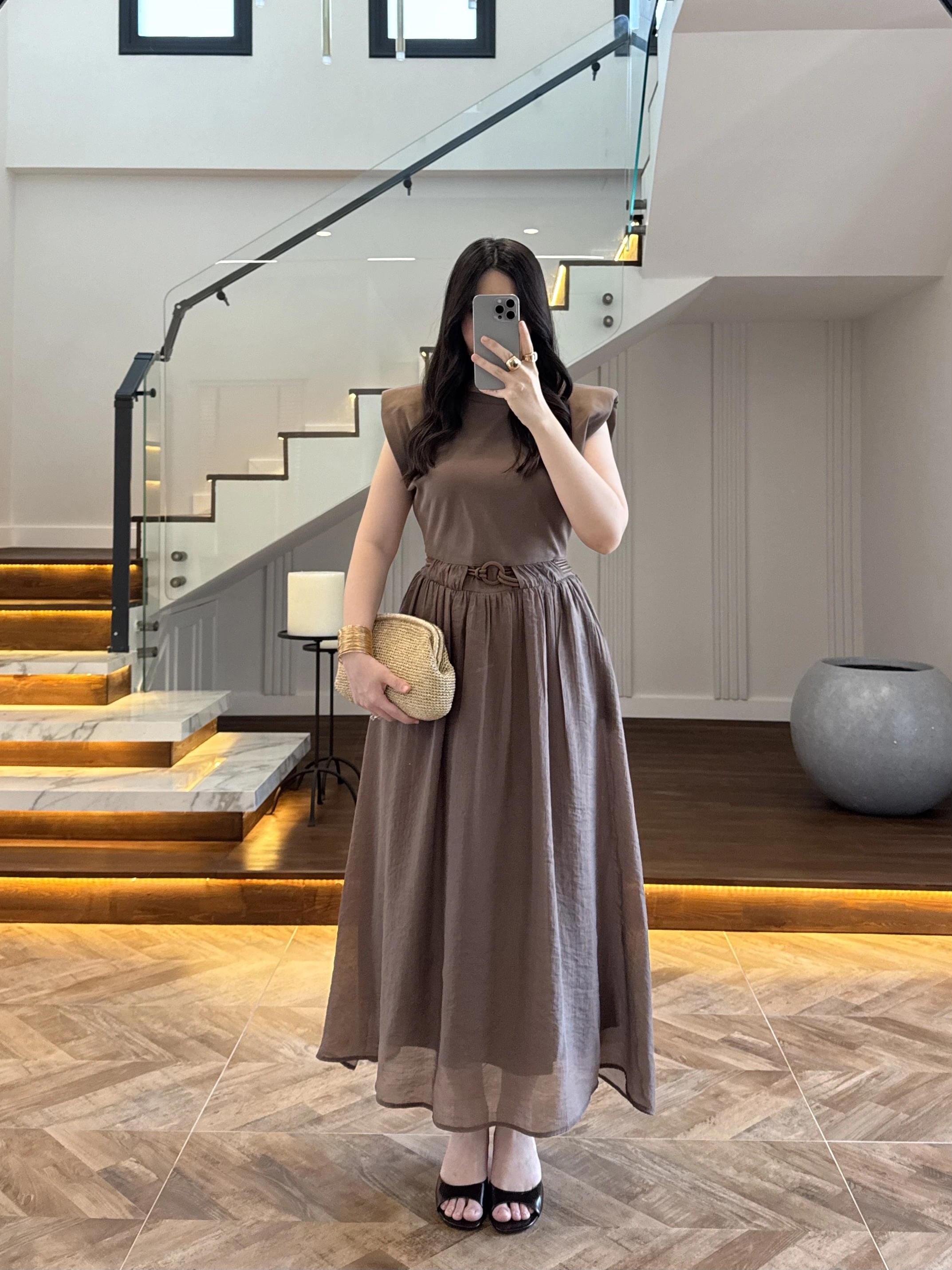 KAHVE GARNİLİ VATKALI ELBİSE -0103