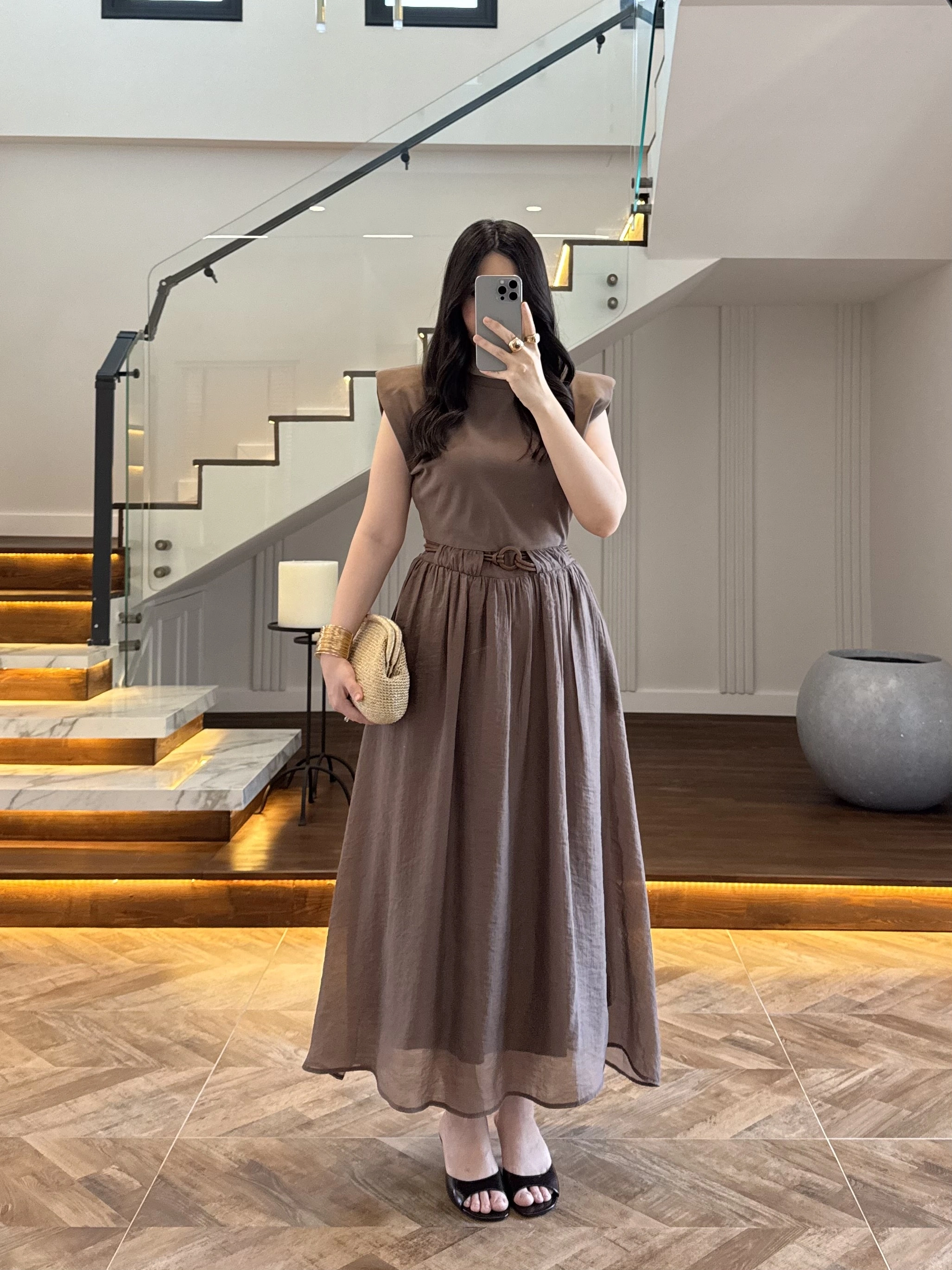 KAHVE GARNİLİ VATKALI ELBİSE -0103