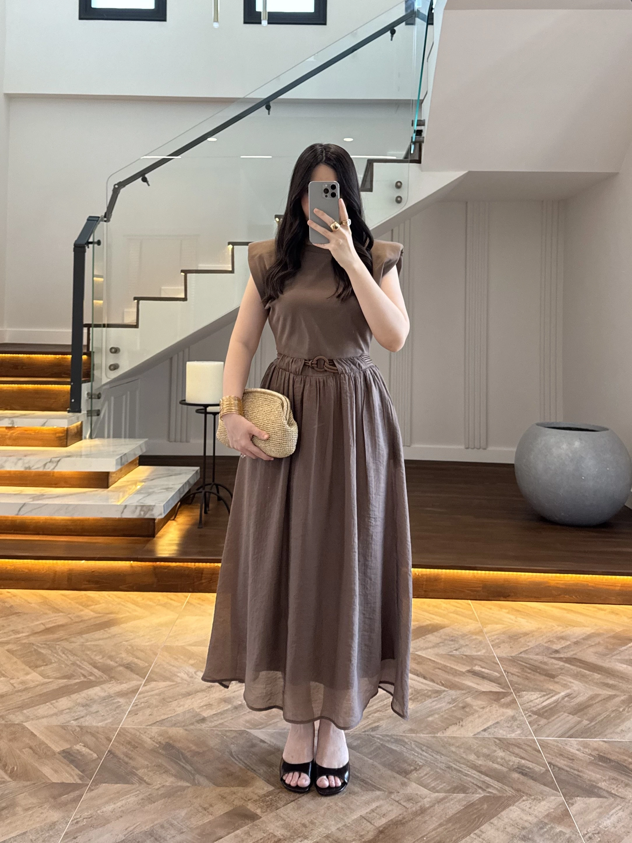 KAHVE GARNİLİ VATKALI ELBİSE -0103