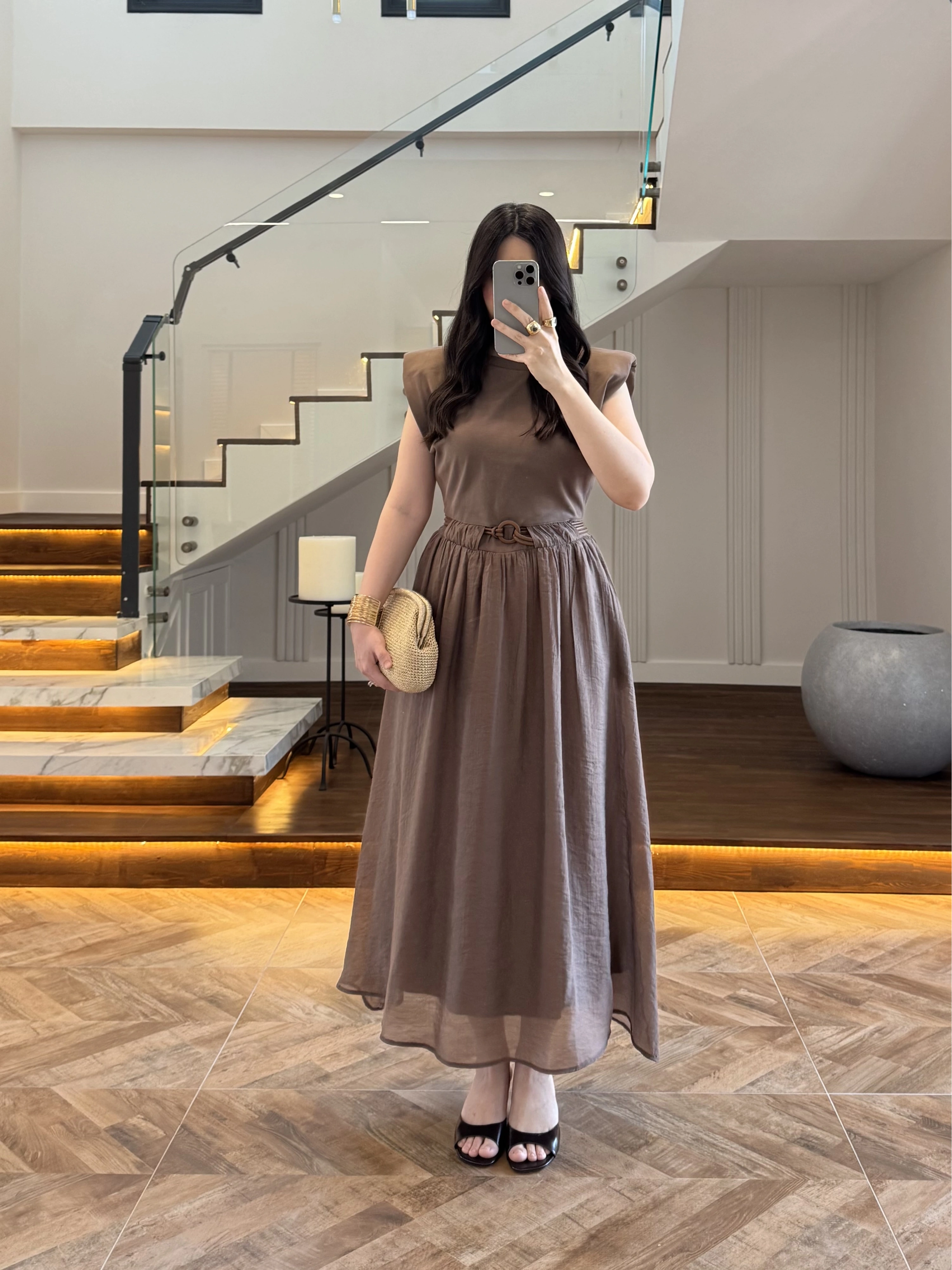KAHVE GARNİLİ VATKALI ELBİSE -0103