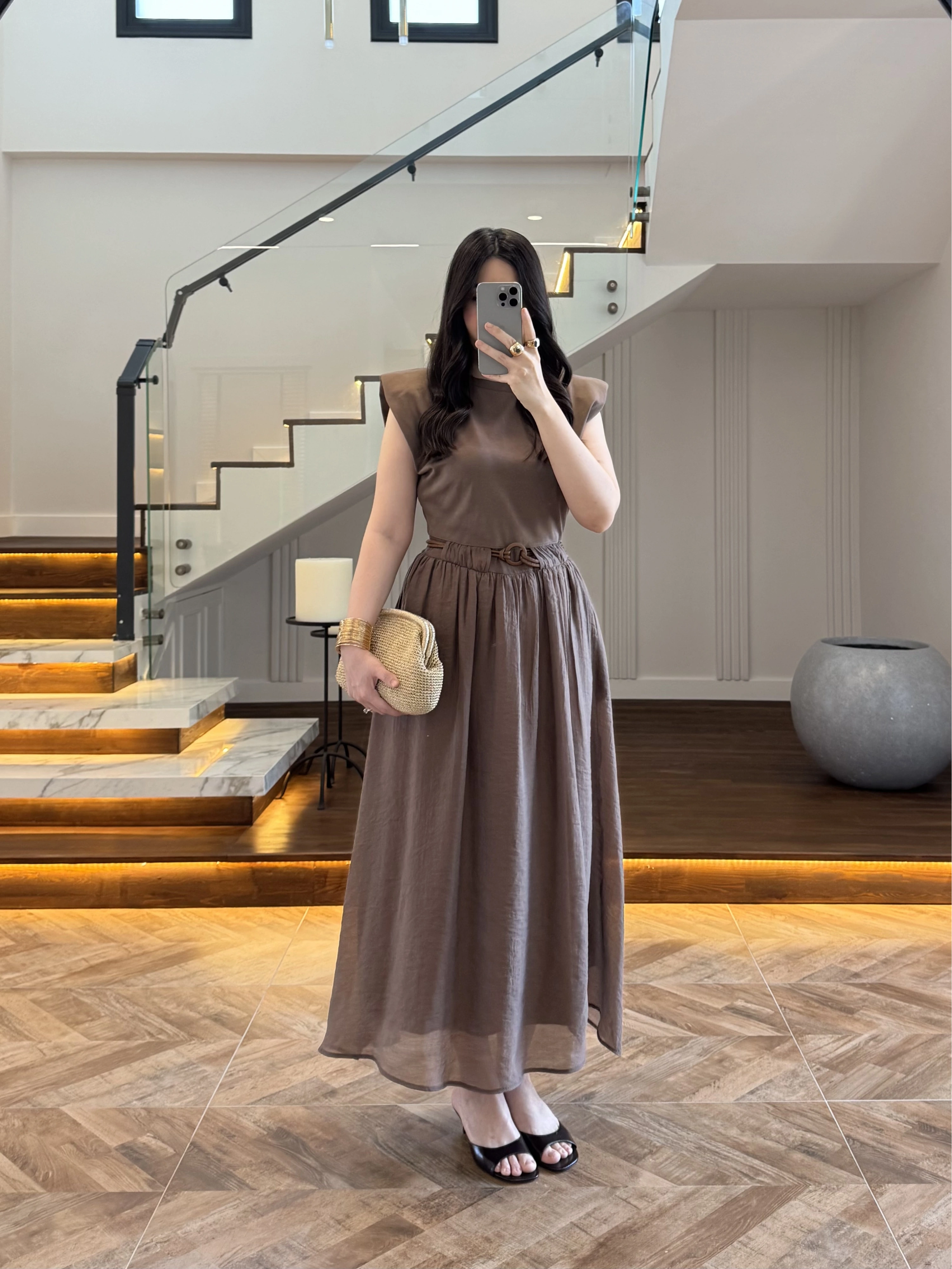 KAHVE GARNİLİ VATKALI ELBİSE -0103
