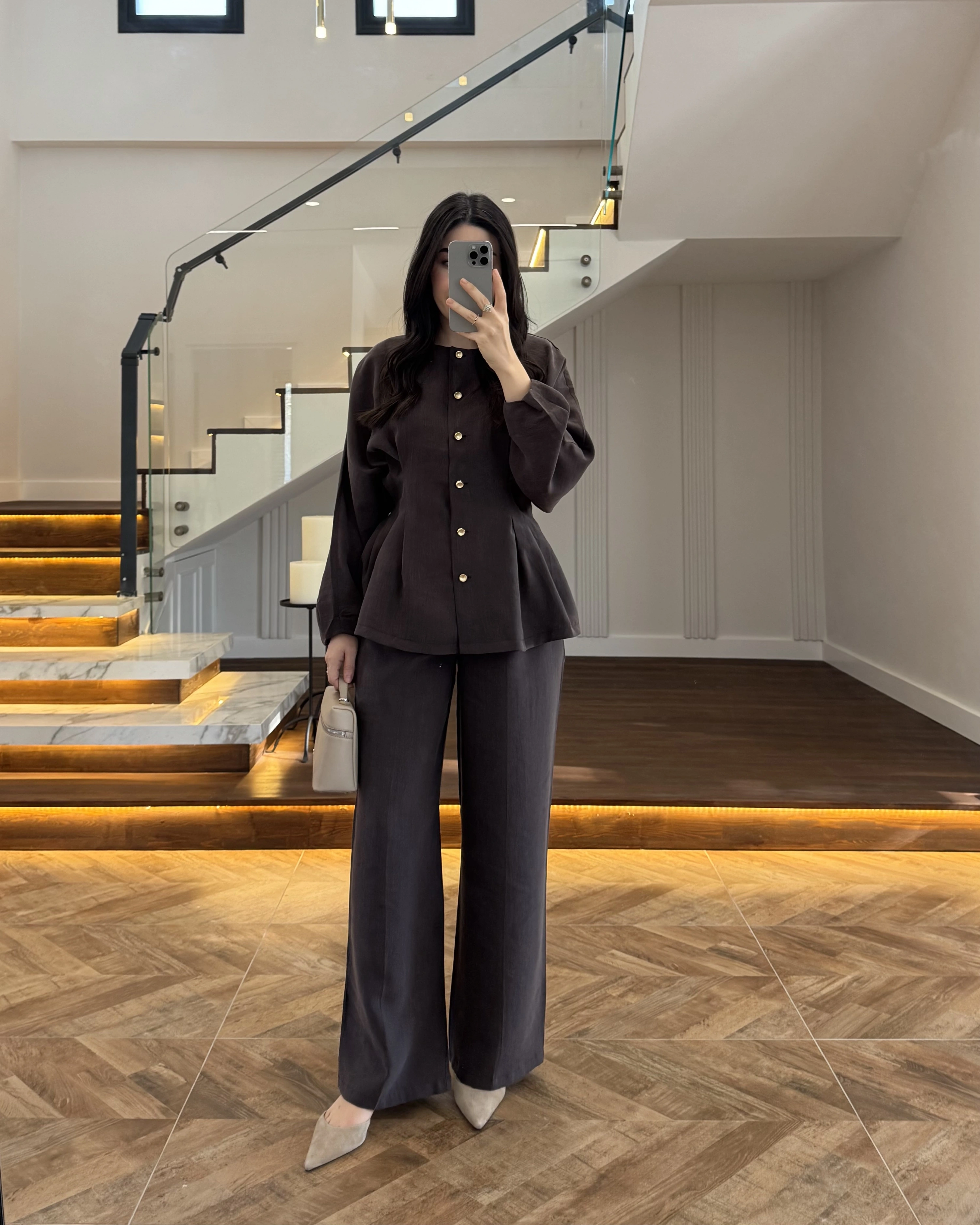 KAHVE GOLD DÜĞMELİ PİLELİ TAKIM -8930