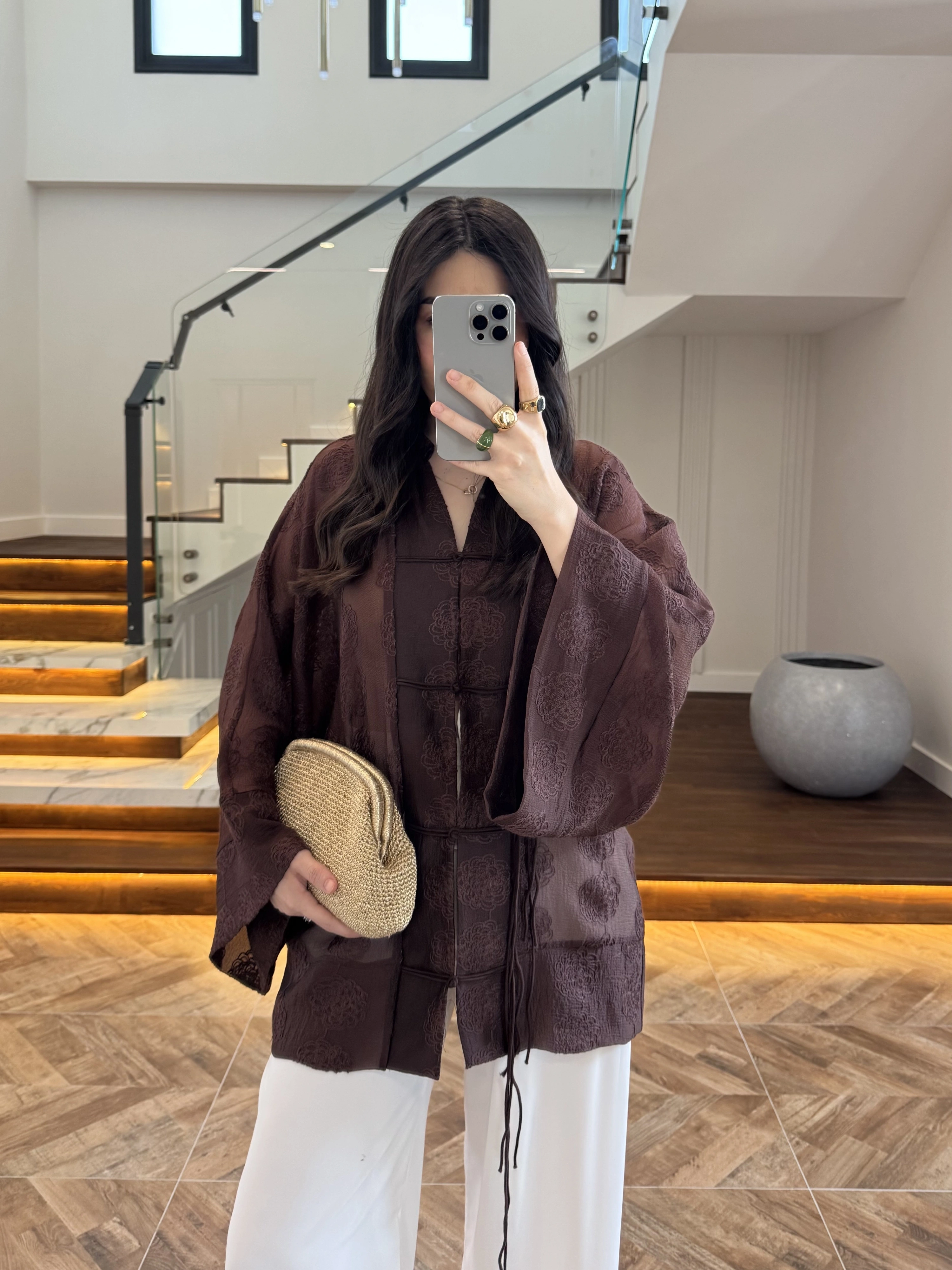KAHVE İP BAĞCIKLI BRODELİ GÖMLEK -5096