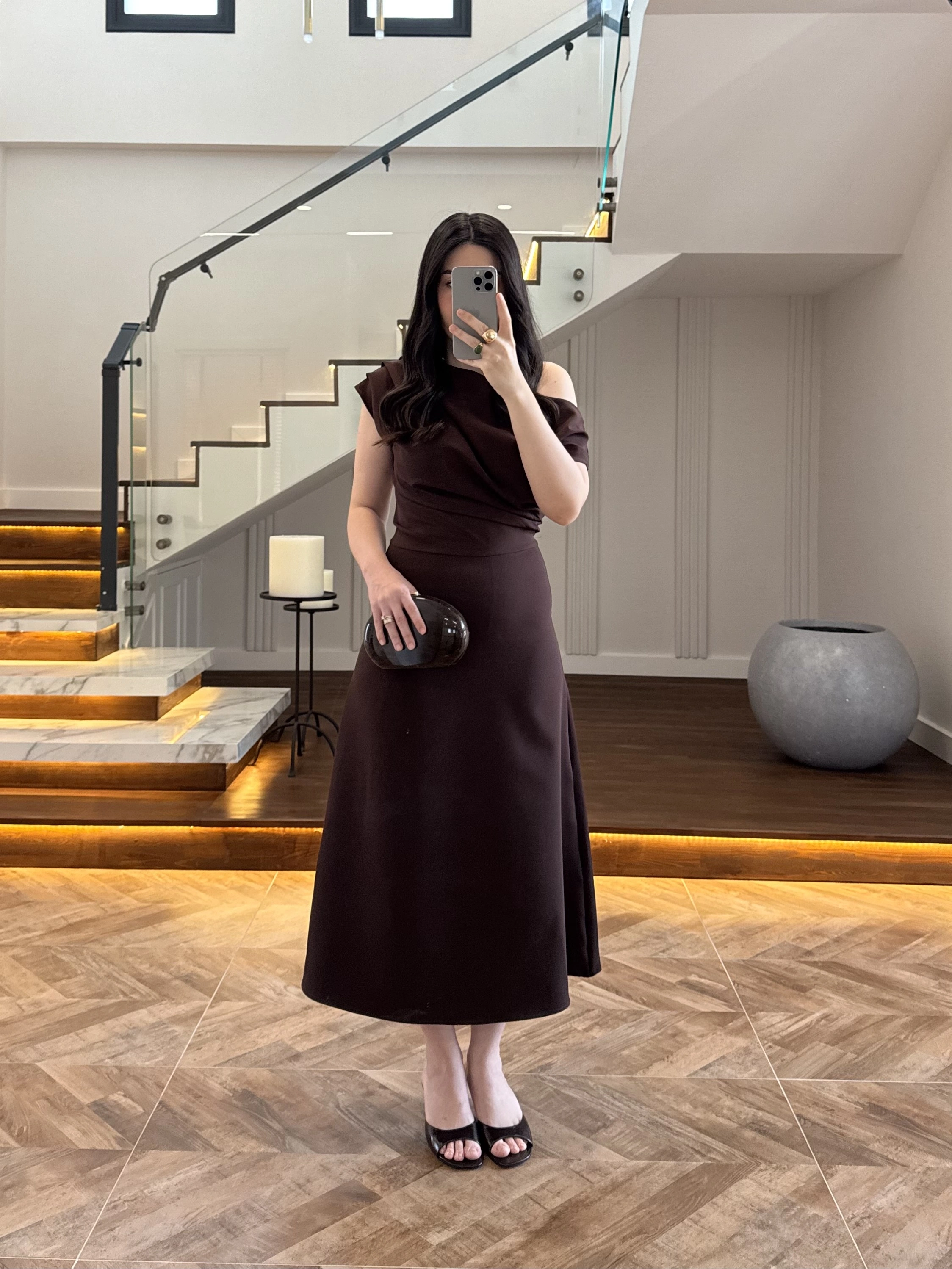 KAHVE KAYIK YAKA ELBİSE -8722