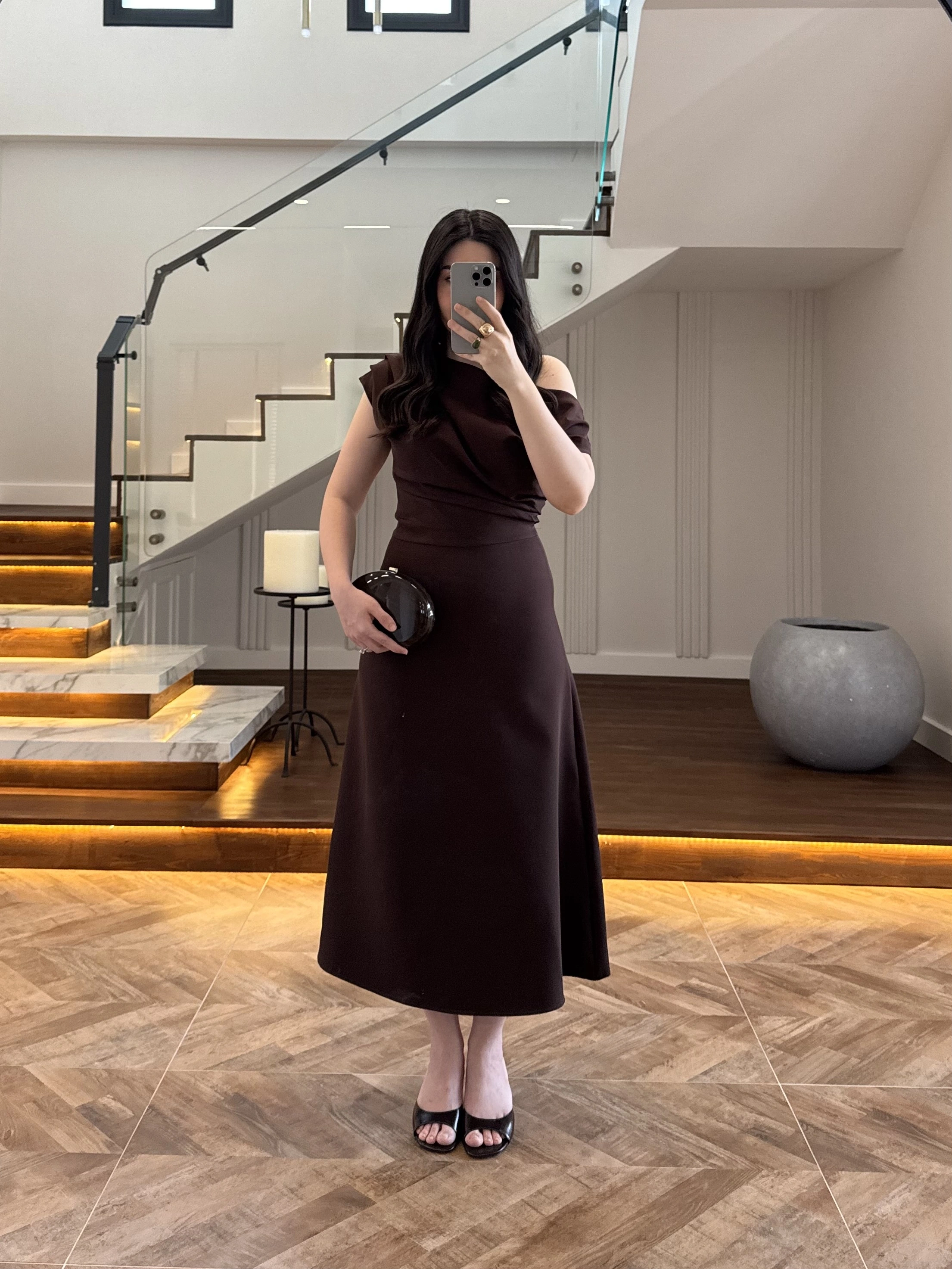 KAHVE KAYIK YAKA ELBİSE -8722
