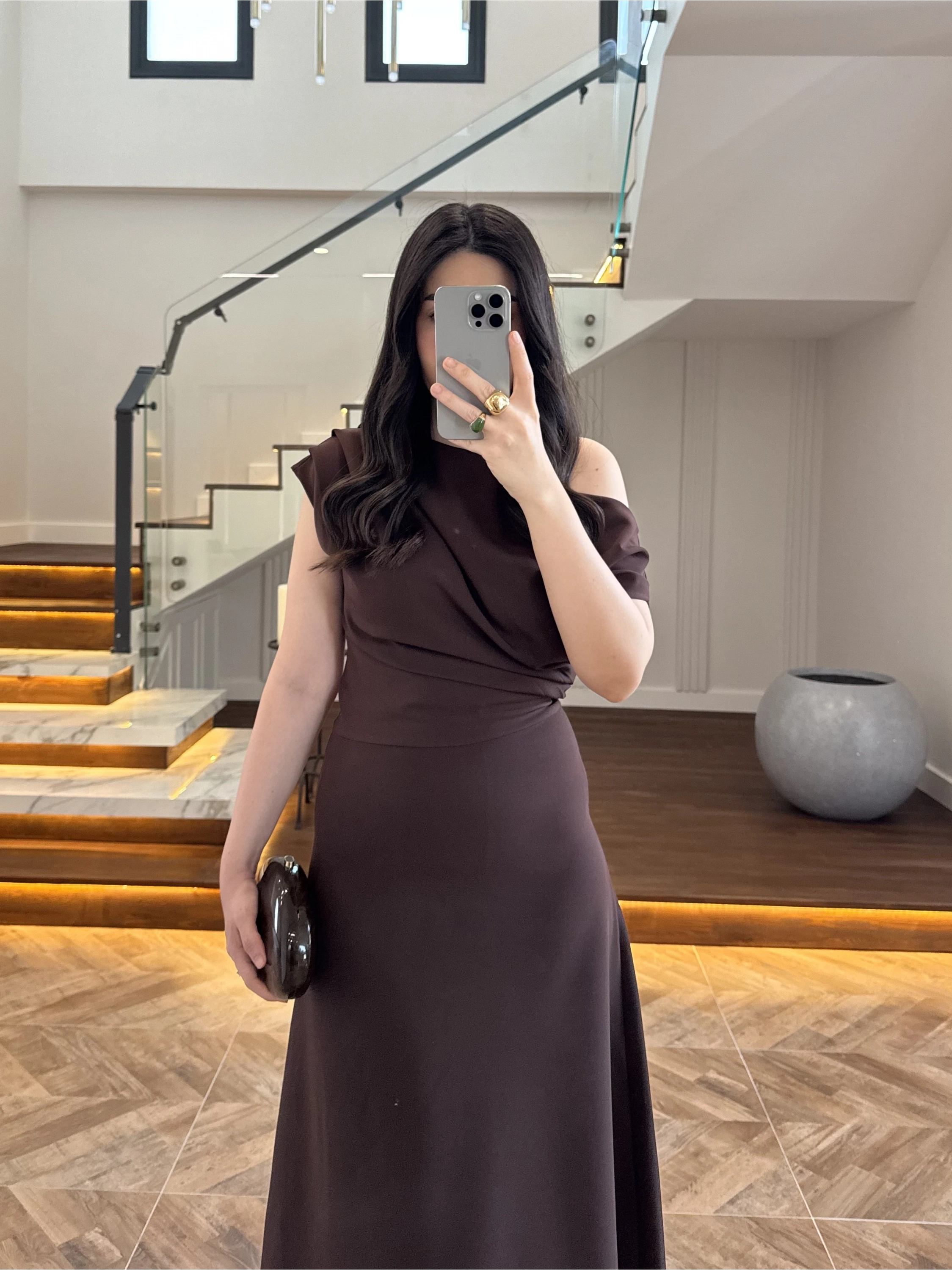 KAHVE KAYIK YAKA ELBİSE -8722