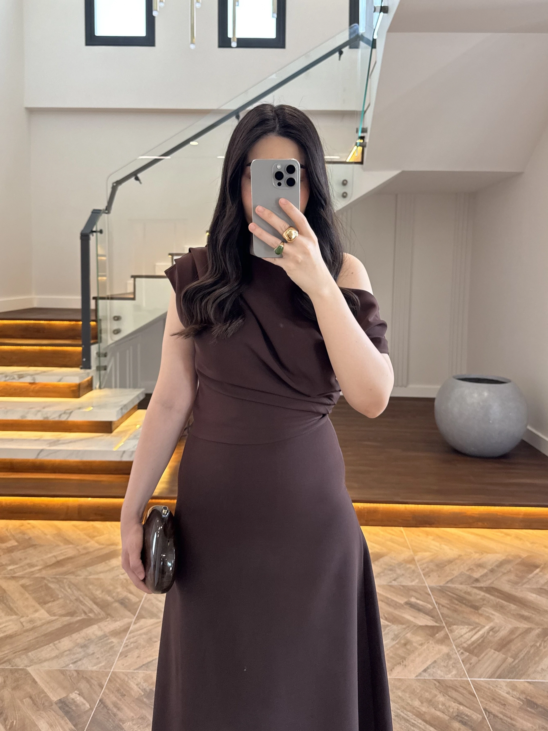 KAHVE KAYIK YAKA ELBİSE -8722