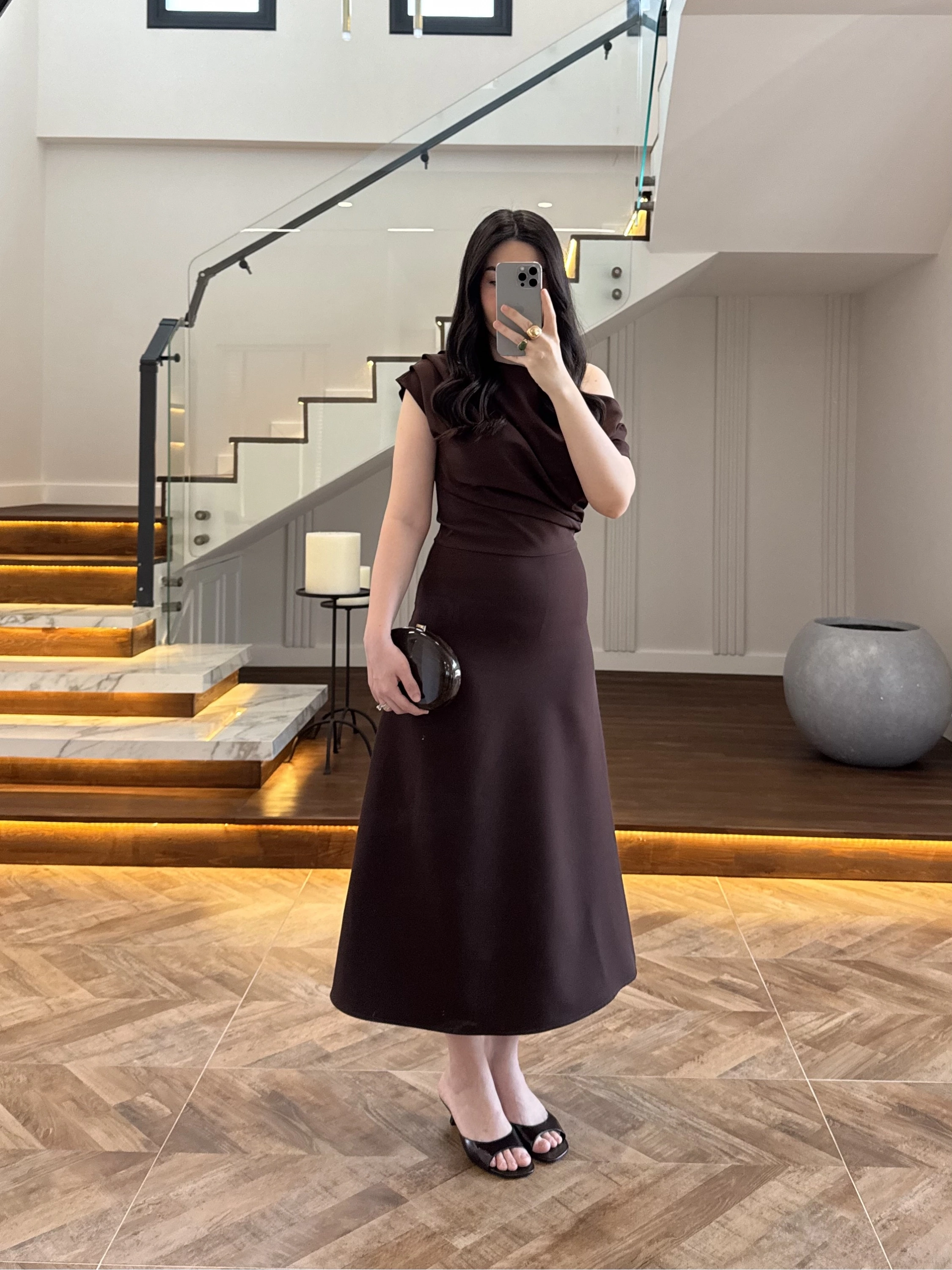 KAHVE KAYIK YAKA ELBİSE -8722