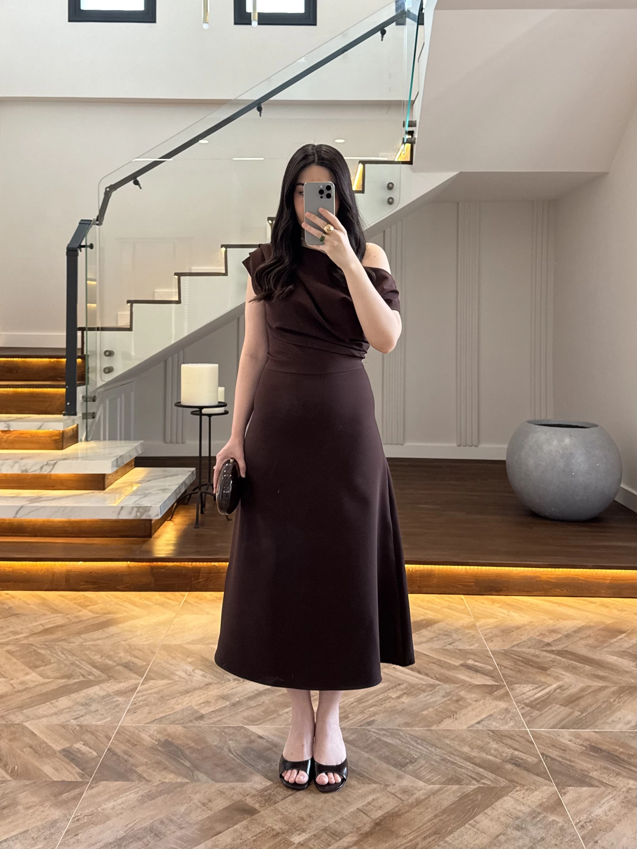 KAHVE KAYIK YAKA ELBİSE -8722