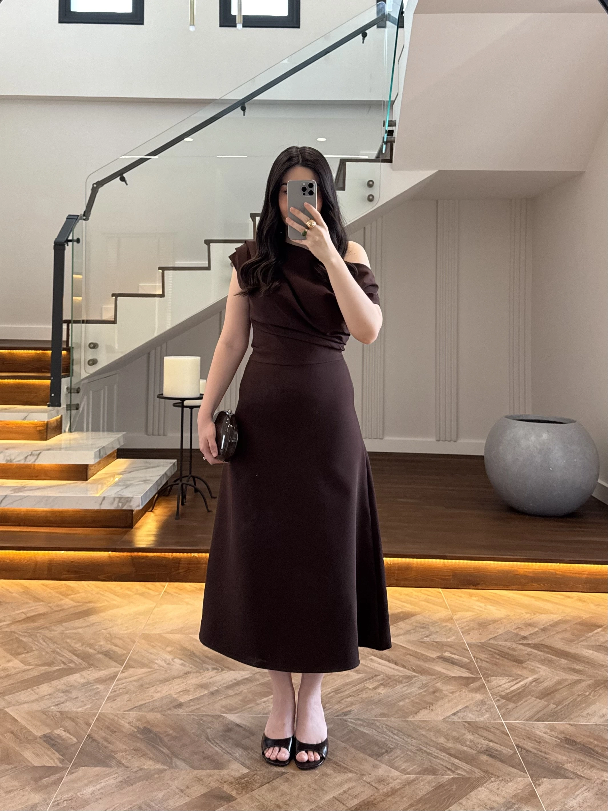 KAHVE KAYIK YAKA ELBİSE -8722