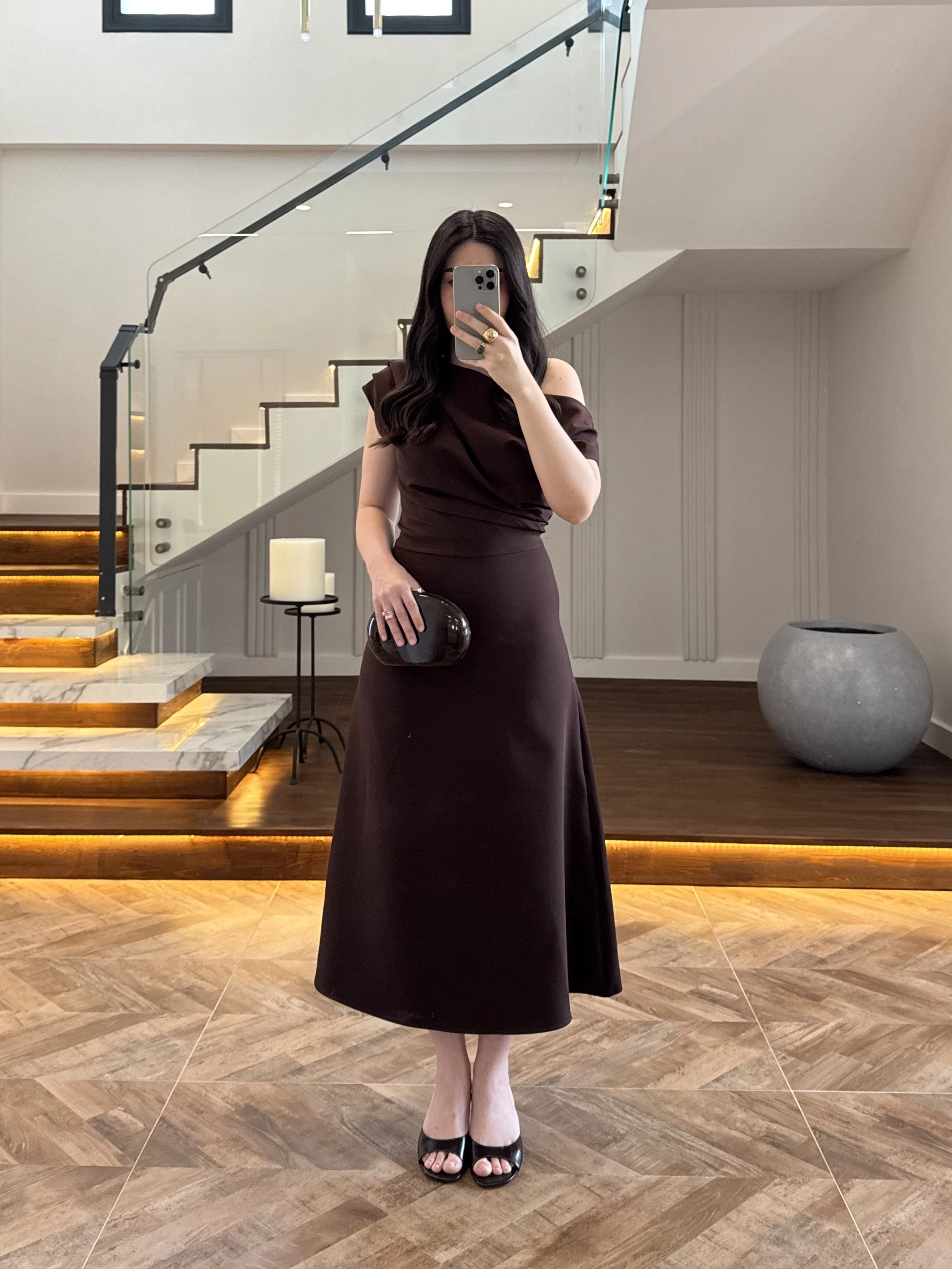 KAHVE KAYIK YAKA ELBİSE -8722