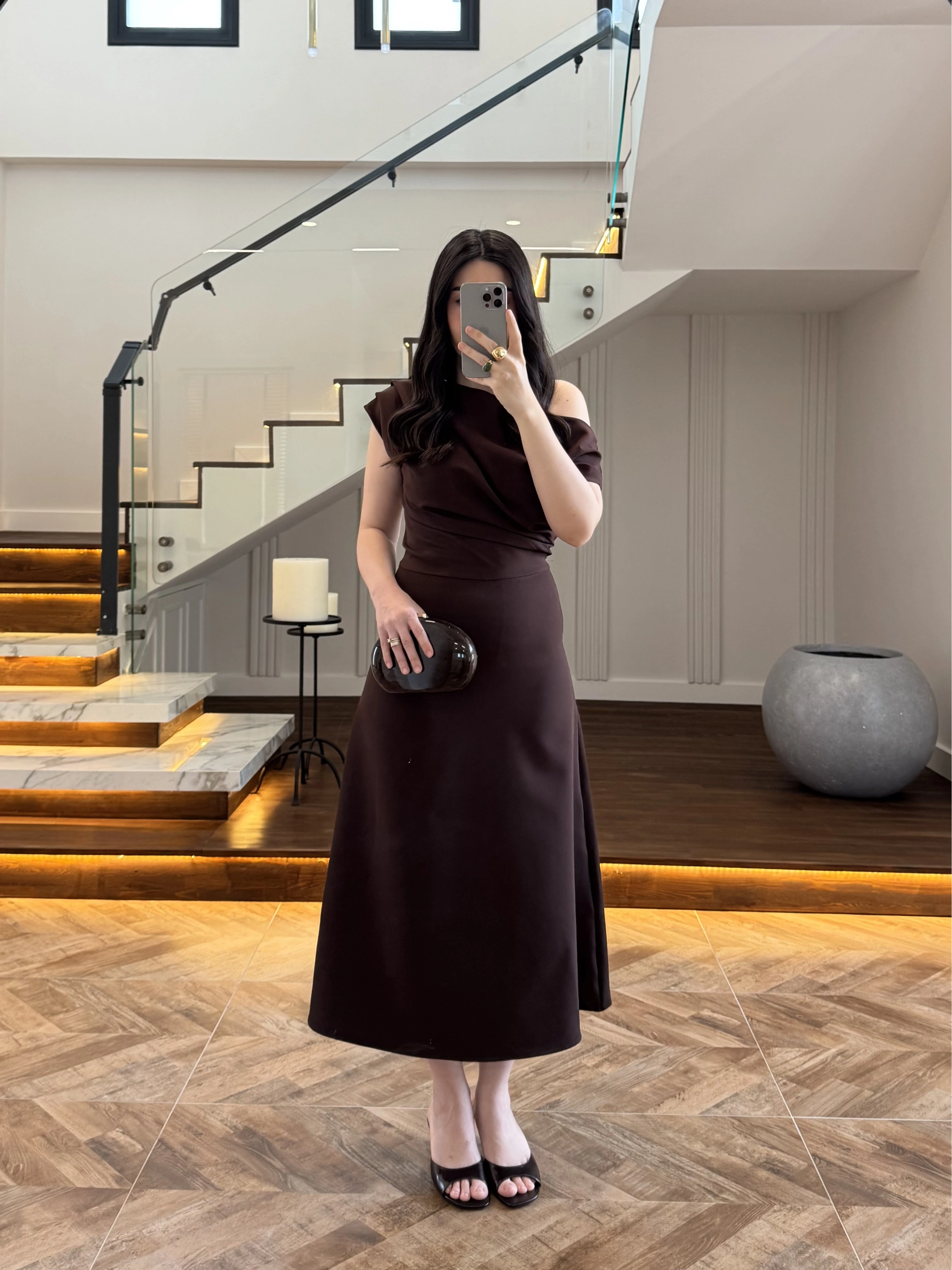 KAHVE KAYIK YAKA ELBİSE -8722