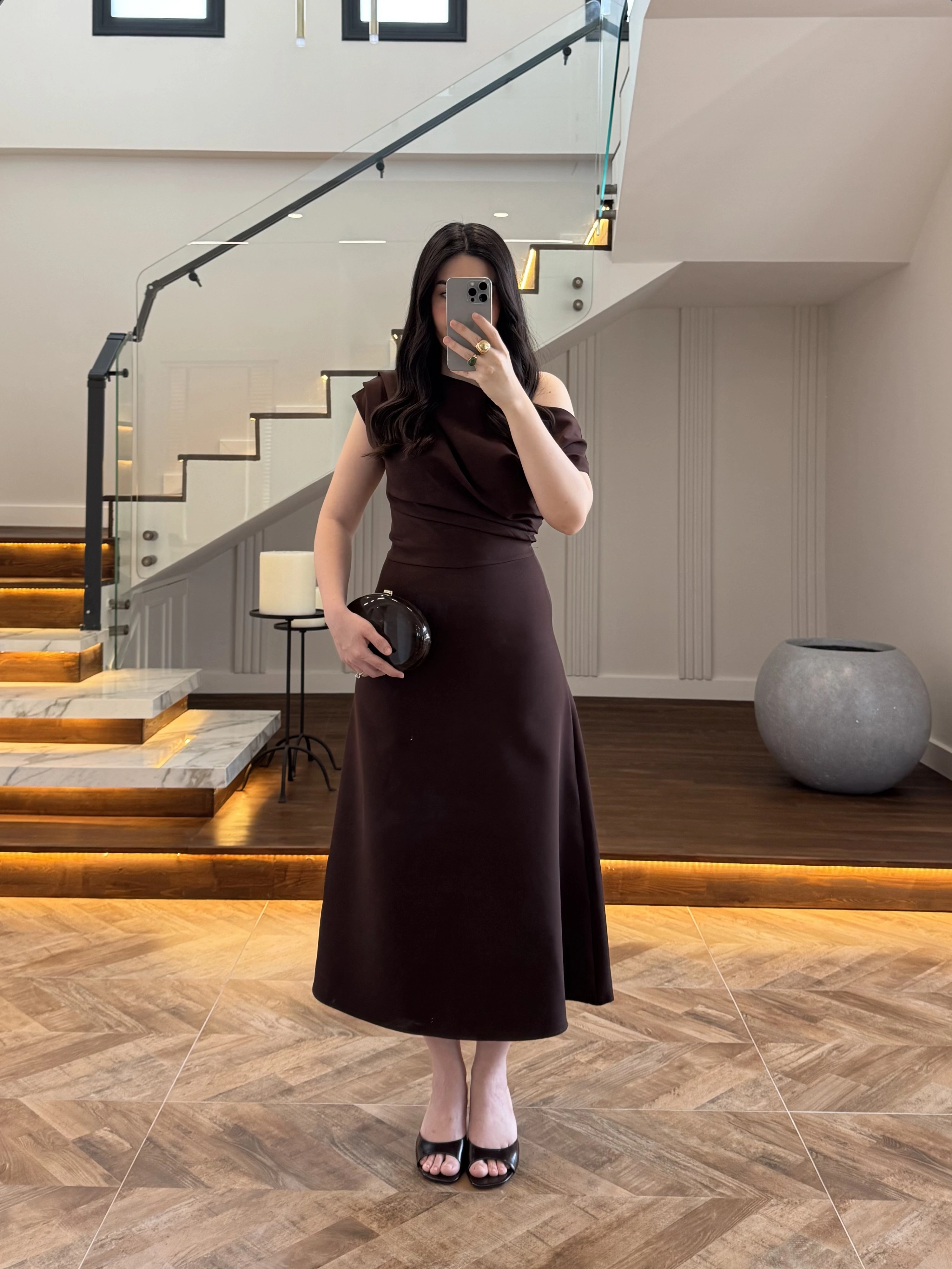 KAHVE KAYIK YAKA ELBİSE -8722