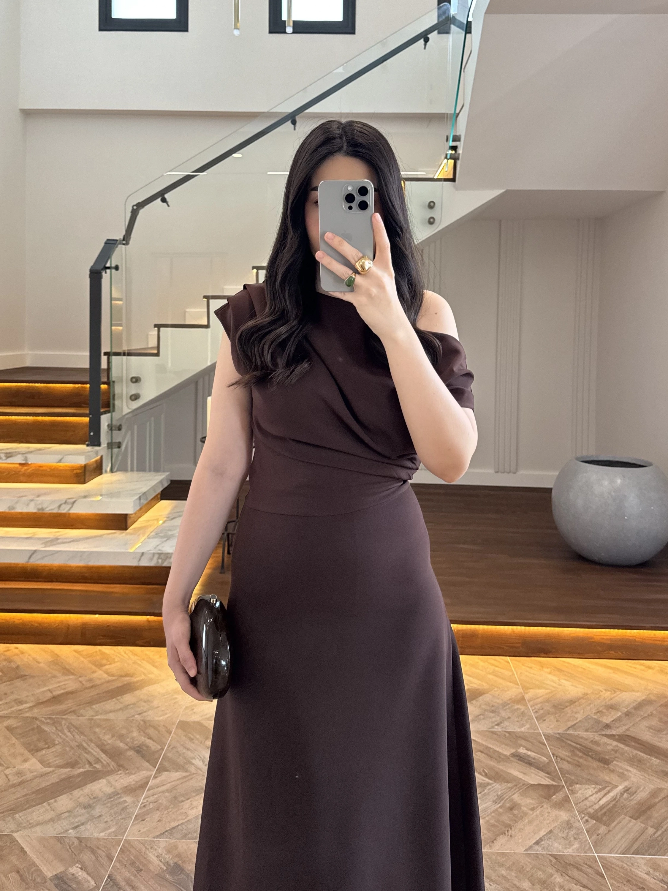 KAHVE KAYIK YAKA ELBİSE -8722