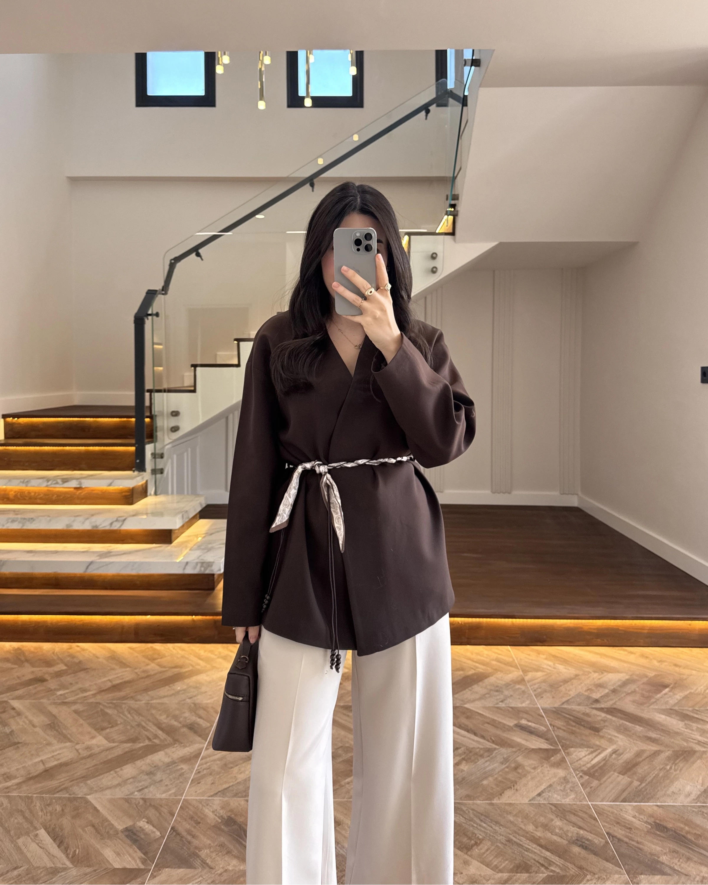 KAHVE KEMERLİ CEKET -7673