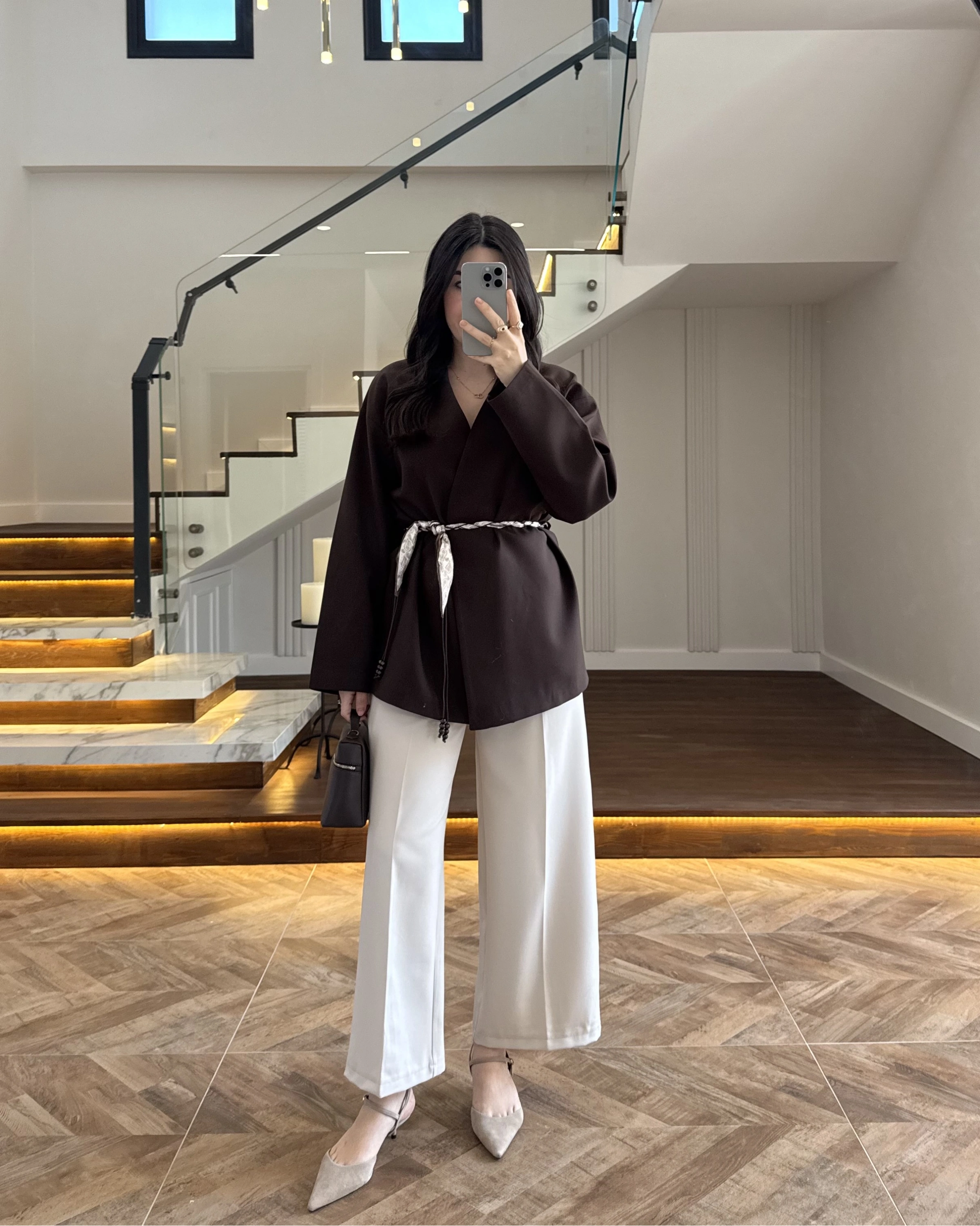 KAHVE KEMERLİ CEKET -7673