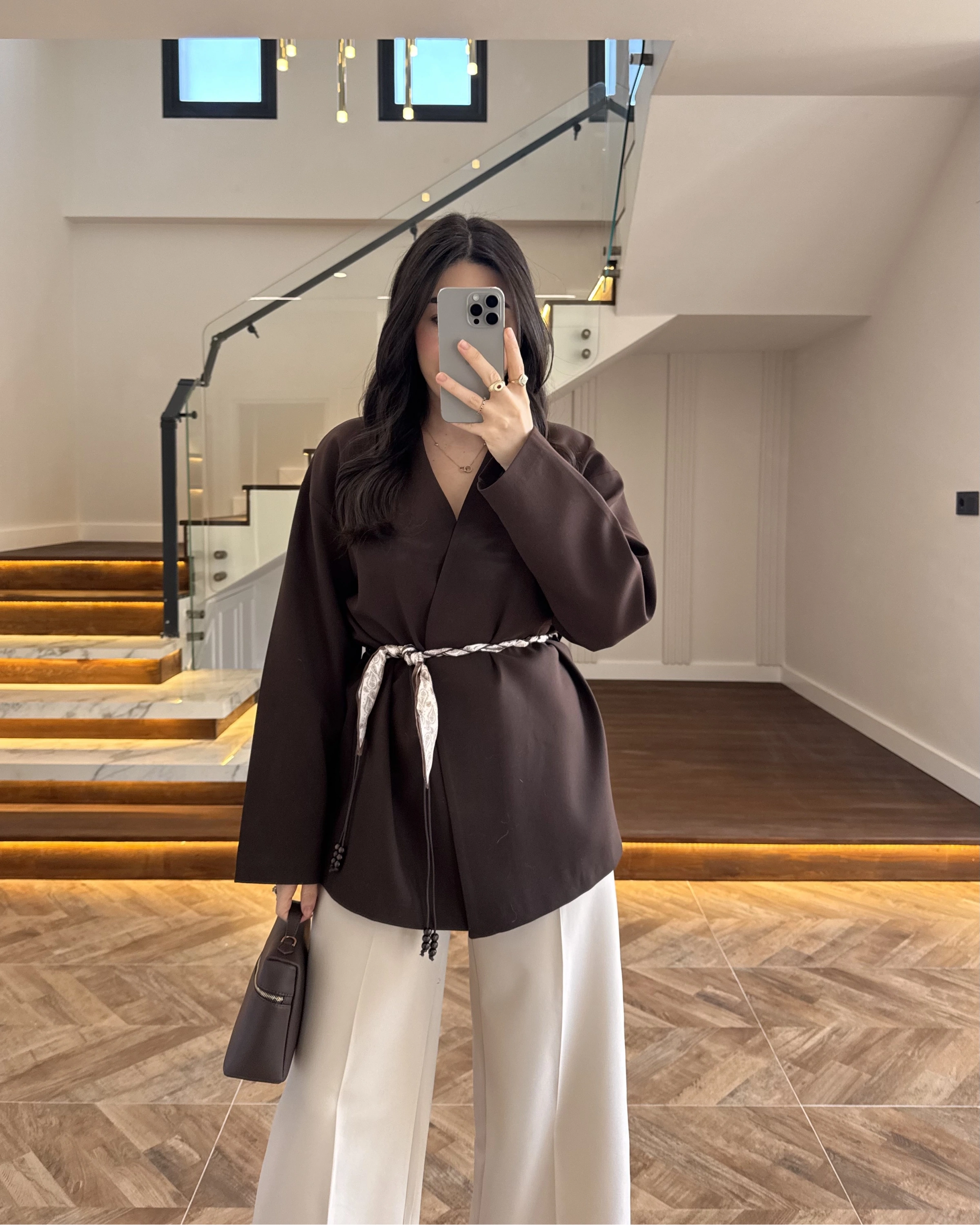 KAHVE KEMERLİ CEKET -7673