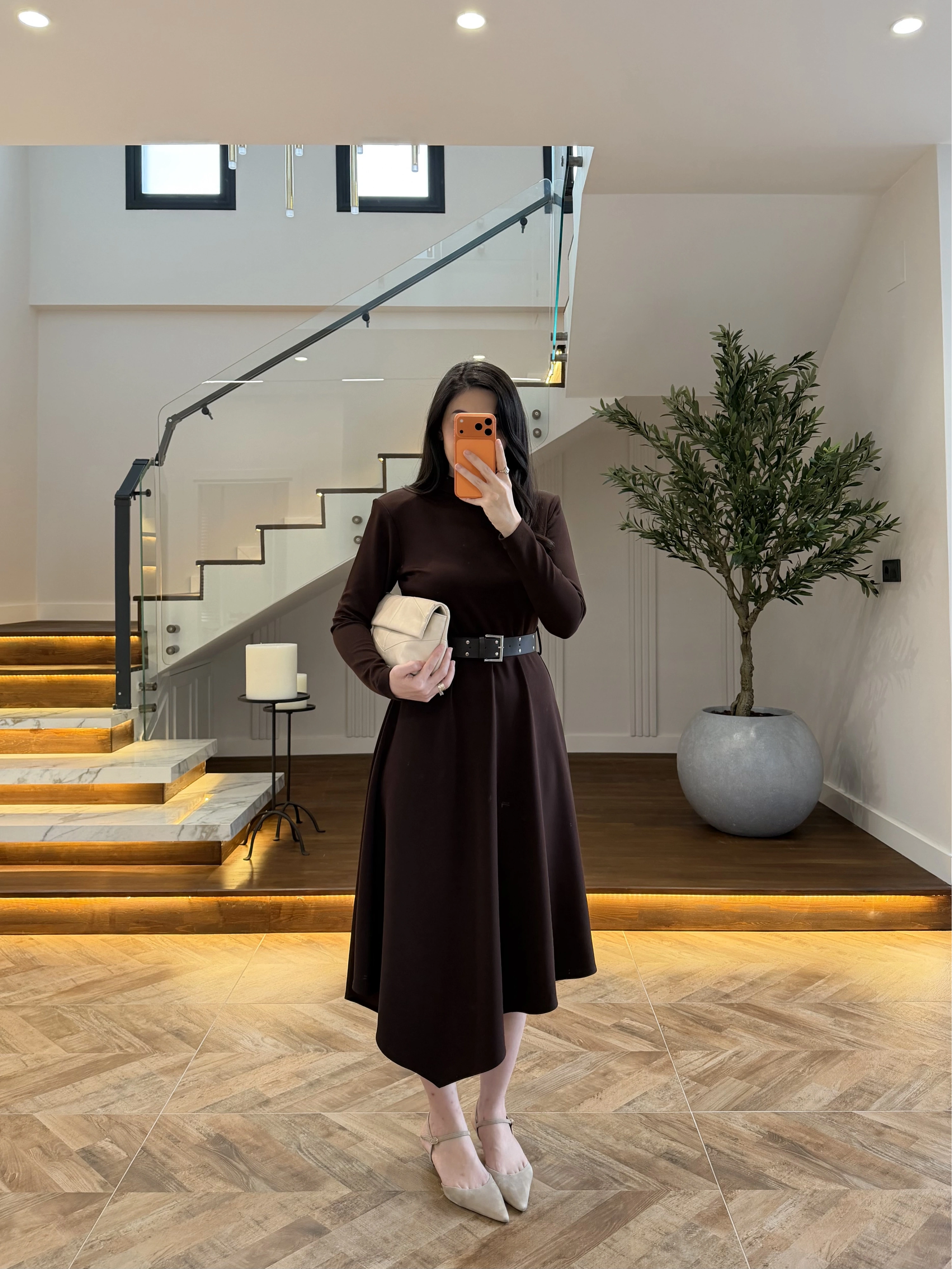 KAHVE KEMERLİ MİDİ ELBİSE-4228