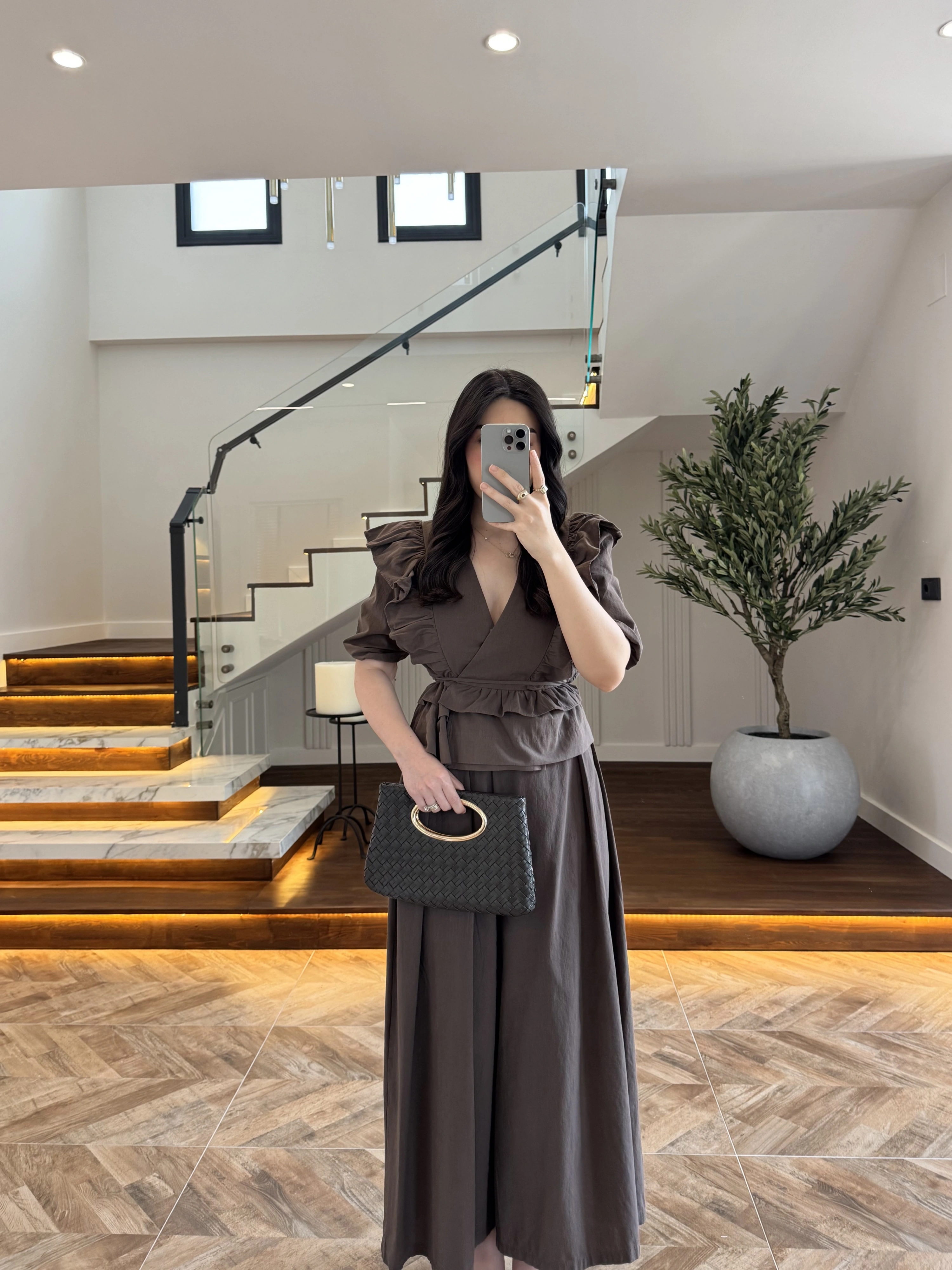 KAHVE KETEN FIRFIR DETAY BLUZ -5507