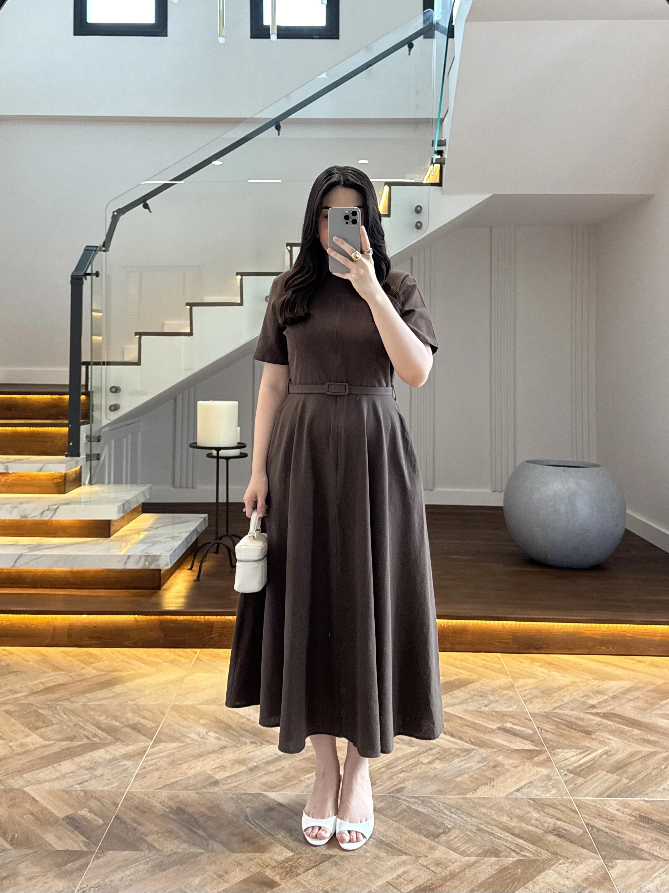 KAHVE KISA KOL KETEN ELBİSE -2402